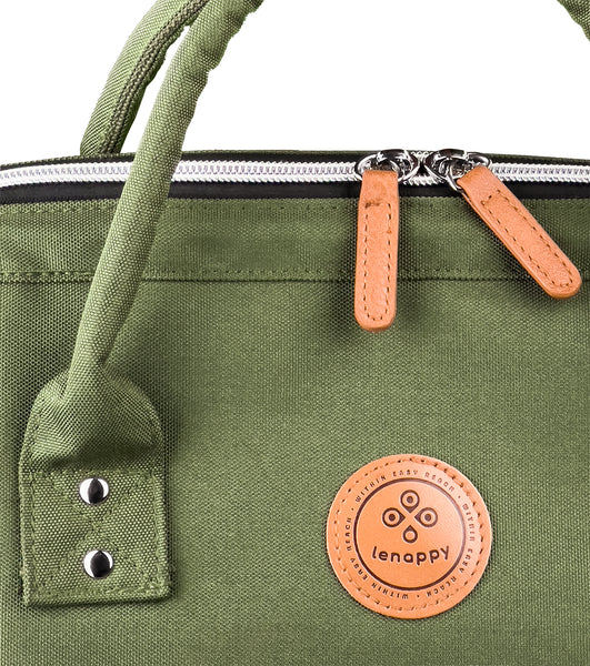 A closer look at the Olive-colored fabric of the Lenappy diaper bag