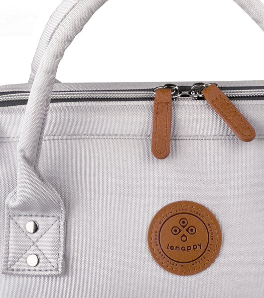 A closer look at the Icy Grey-colored fabric of the Lenappy diaper bag