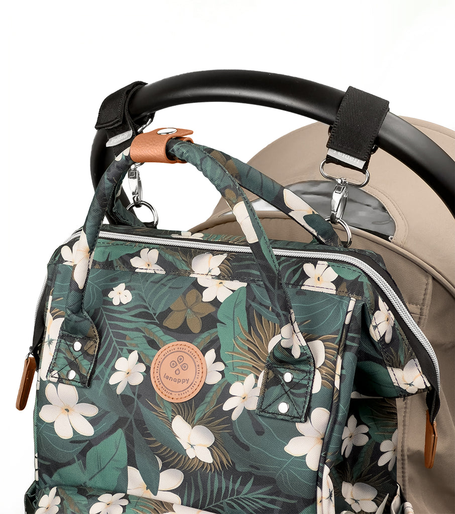 Lenappy diaper bag in Jungle color hanging on a Yoyo stroller using the provided stroller hooks