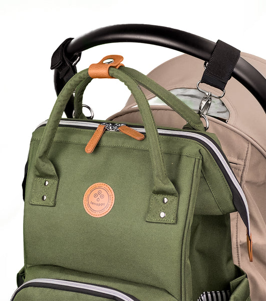 Lenappy diaper bag in Olive color hanging on a Yoyo stroller using the provided stroller hooks