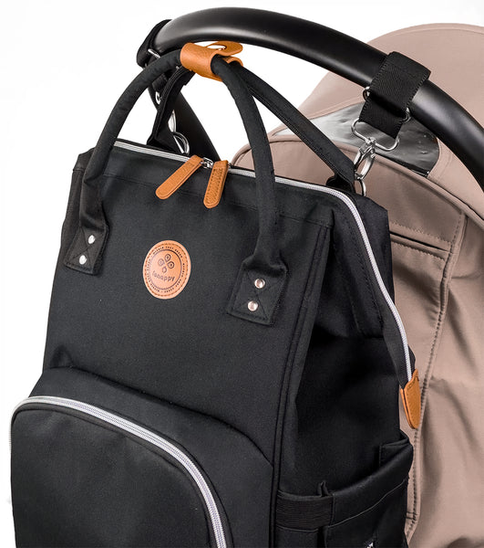 Lenappy diaper bag in Ivory Black color hanging on a Yoyo stroller using the provided stroller hooks