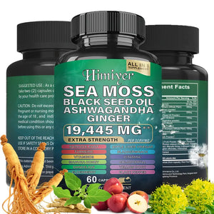 Himiyer Sea Moss Supplement - 19,445mg Extra Strength with Black Seed Oil, Ashwagandha & Ginger (60 Capsules) - BBG