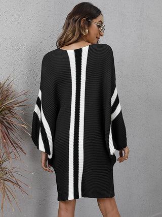 Original Striped Round-Neck Batwing Long Sleeves Sweater Dress