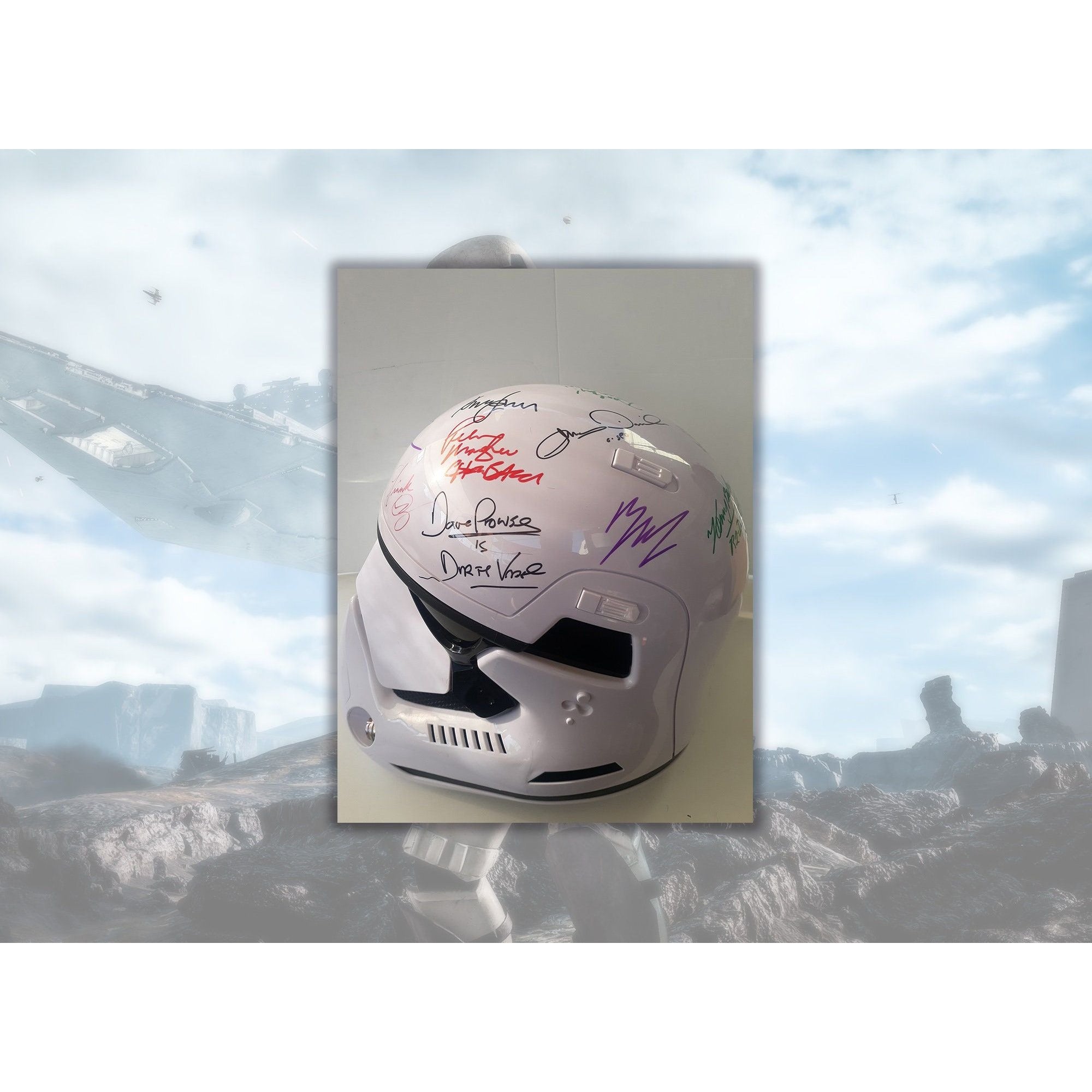 Harrison Ford, James Earl Jones, Carrie Fisher, Mark Hamill, Star Wars cast signed stormtrooper helmet signed with proof