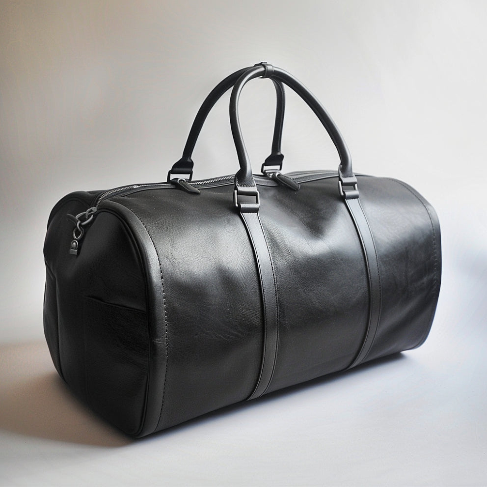 black leather duffel bag