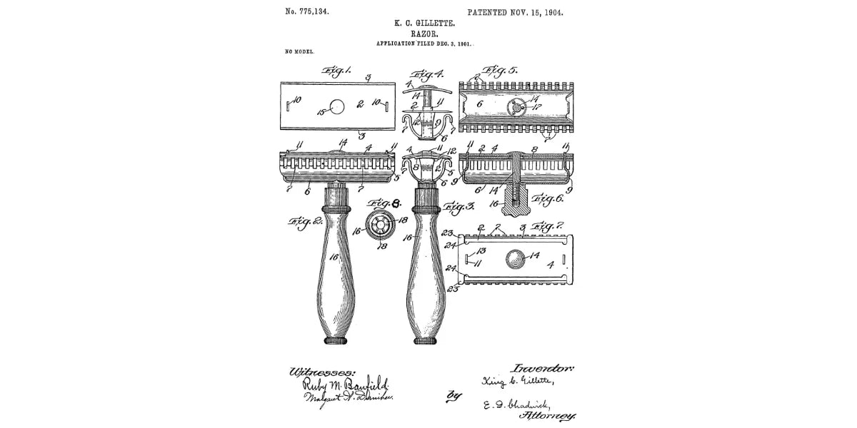 Rakhyvel och rakblad patent från Gillette 1904