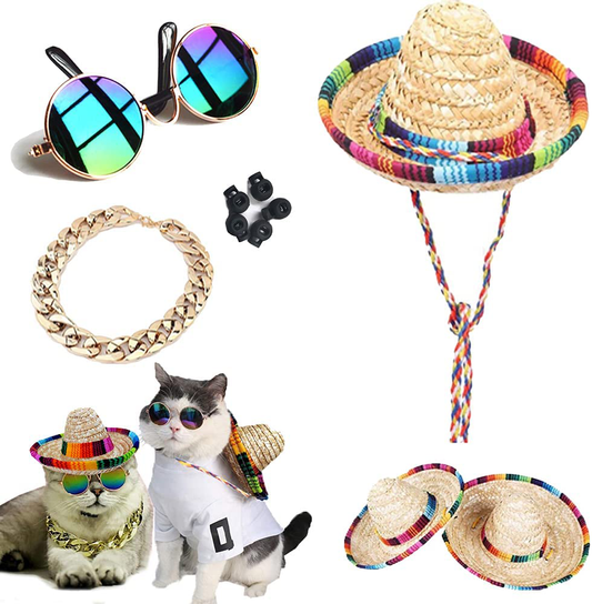 6 Pieces Pet Dog Cat Costume, Pet Sunglasses and Summer Pet Straw Hat with  Faux Gold Chain Collar, Classic Funny Pet Accessories for Pet Cat Puppy  Small Medium Dog Birthday Cosplay Party (