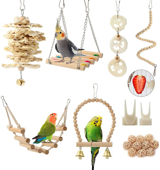 LIMIO Bird Perch Bird Toys Parakeet Toys, 7 PCS Bird Swing Chewing Toys  Natural Wood Bird Cage Accessories Suitable for Small Parakeets, Cockatiels