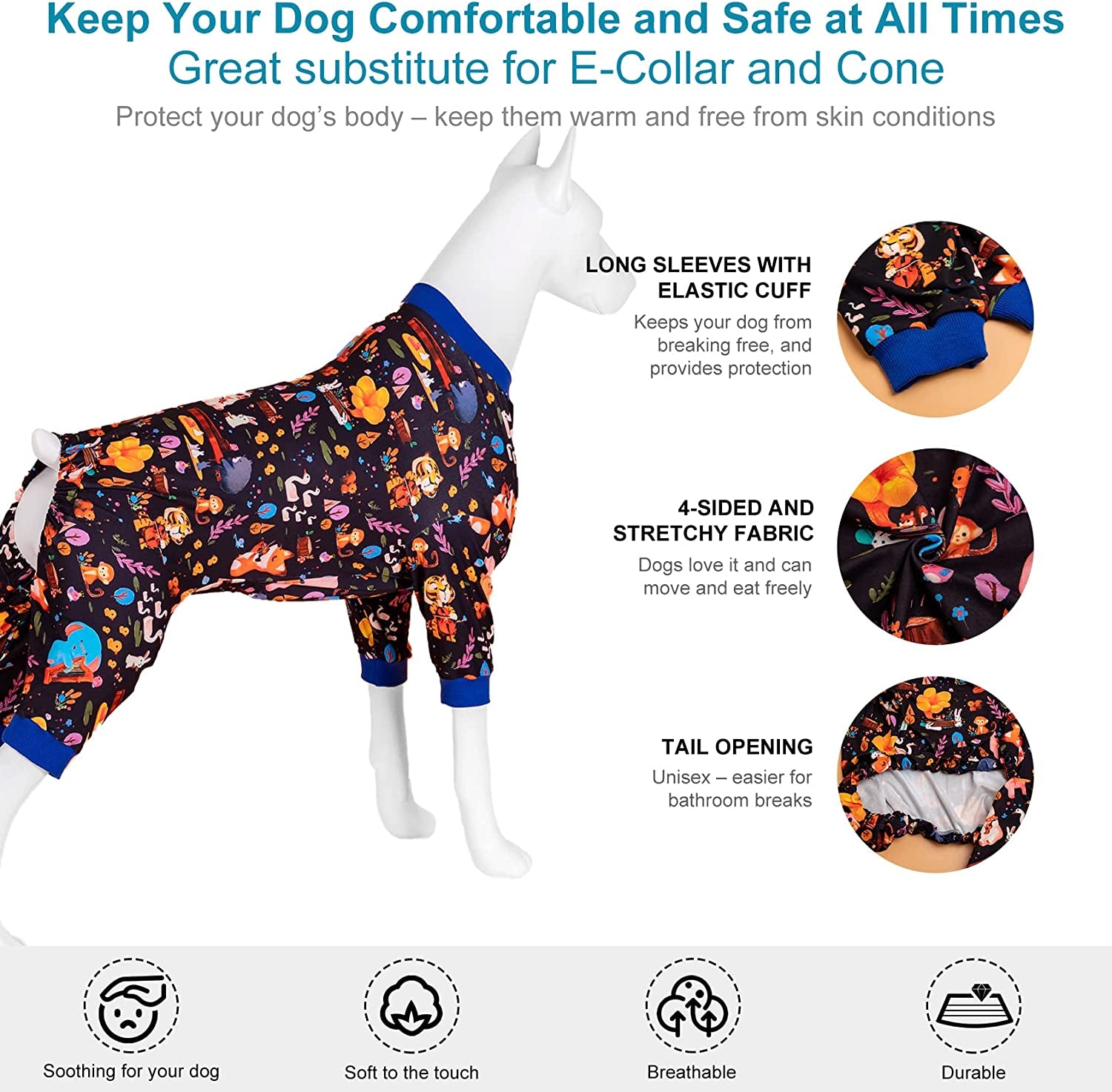 Lovinpet Full Onesie for Large Dog, Lightweight Stretchy Fabric, Woodland Musicians Black Print Dog Pajamas, UV Protection, Lage Breed Dog Jammies, Pet Pj'S/Xl