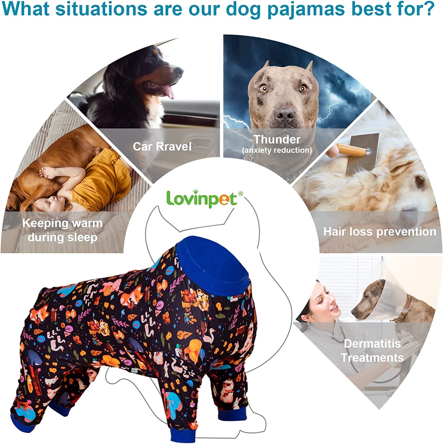 Lovinpet Full Onesie for Large Dog, Lightweight Stretchy Fabric, Woodland Musicians Black Print Dog Pajamas, UV Protection, Lage Breed Dog Jammies, Pet Pj'S/Xl