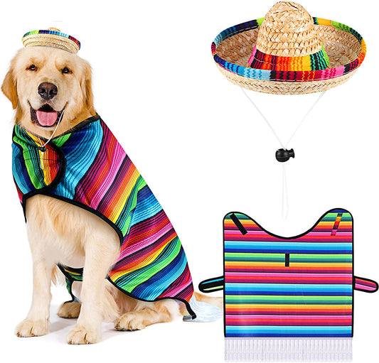 Dog Sombrero Hat Pet Serape Poncho Costume Multicolor Funny Dog