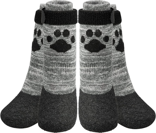 PJN Anti-Slip Dog Grip Socks, Knit Dog Paw Protector to Stop Licking Paws,  Waterproof Dog Rain Booties with Adjustable Straps, Dog Shoes for Indoor,  Outdoor, Hardwood Floors, 4 Socks in 1 Set (
