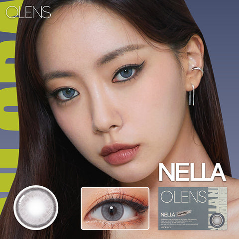 OLENS Nella Ash, featuring premium contact lenses that offer a beautiful transformation to ash-toned eyes, blending seamlessly for a natural and captivating look.