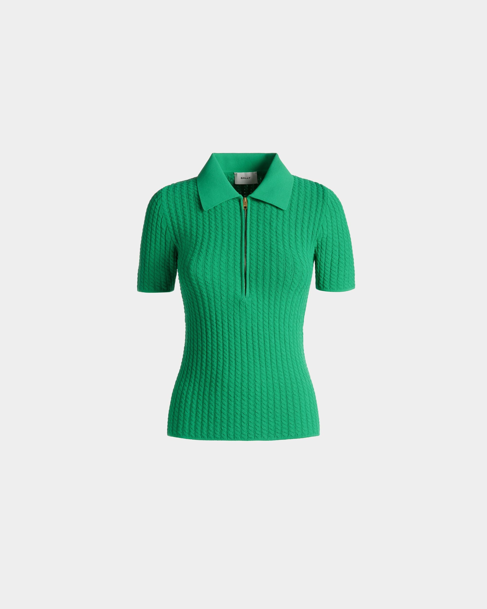 Polo da donna verde con zip corta lavorata a maglia | Bally | Still Life Fronte