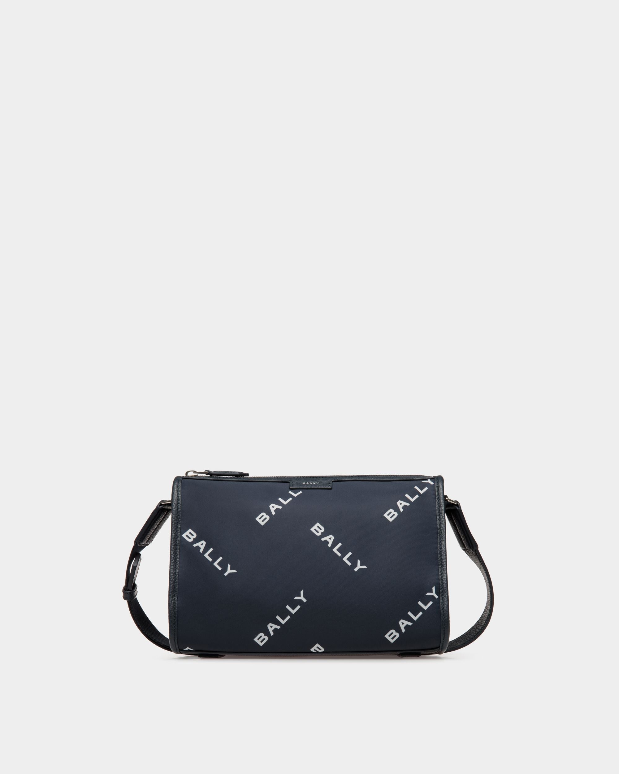 Code | Men's Small Messenger Bag in Blue Printed Nylon | Bally | Still Life Front