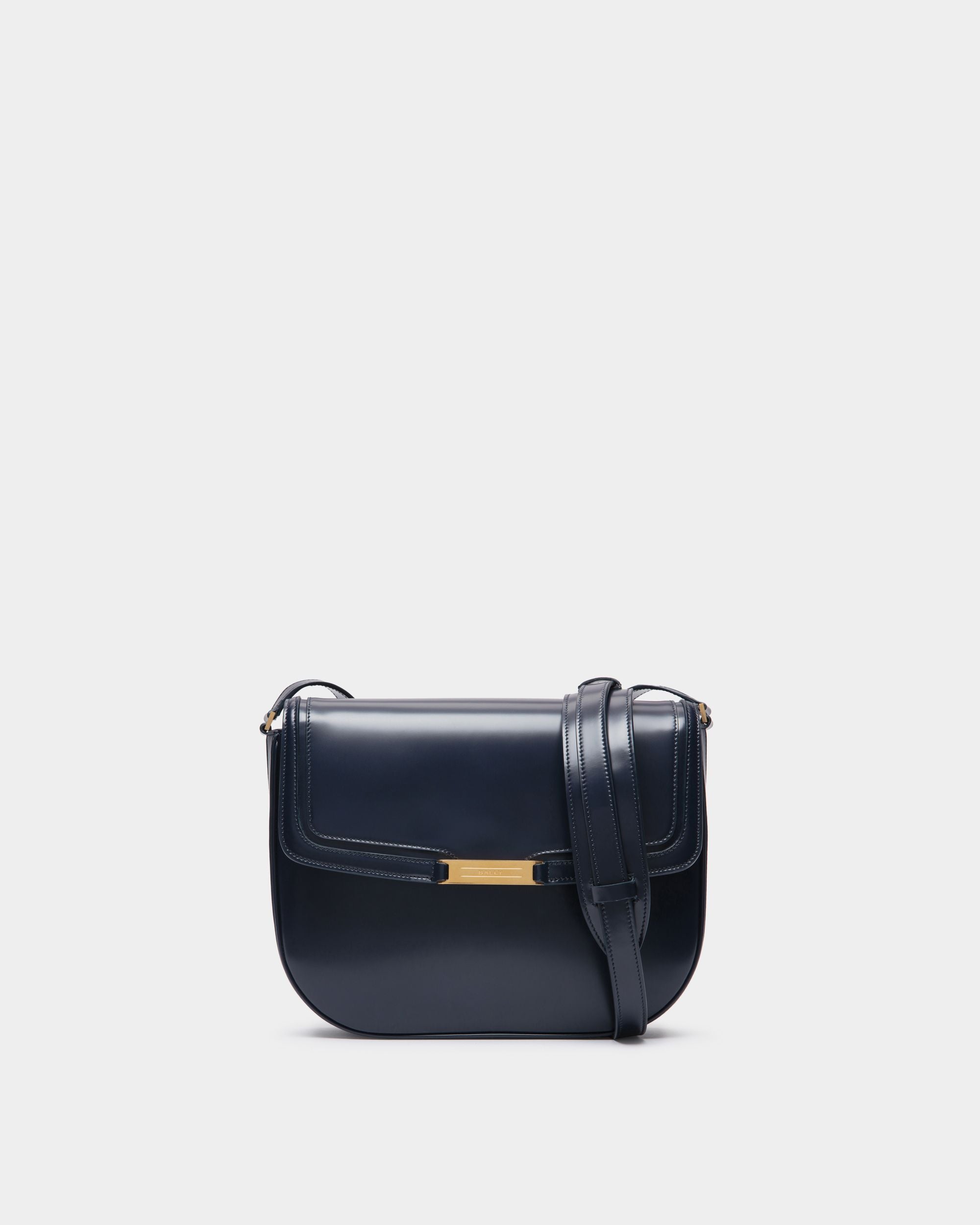 Deco | Men's Crossbody Bag in Navy Blue Brushed Leather | Bally | Still Life Front