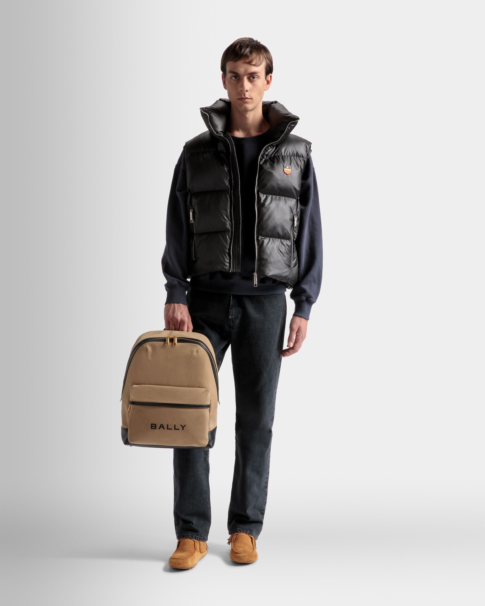 Treck | Men's Backpack | Sand And Black Fabric And Leather | Bally | On Model Front
