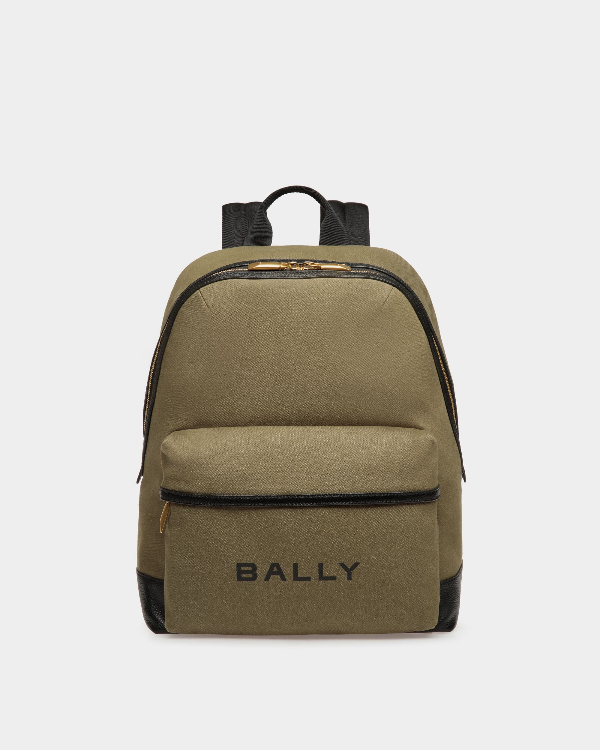 Bar | Men's Backpack in Green Canvas And Black Leather | Bally | Still Life Front