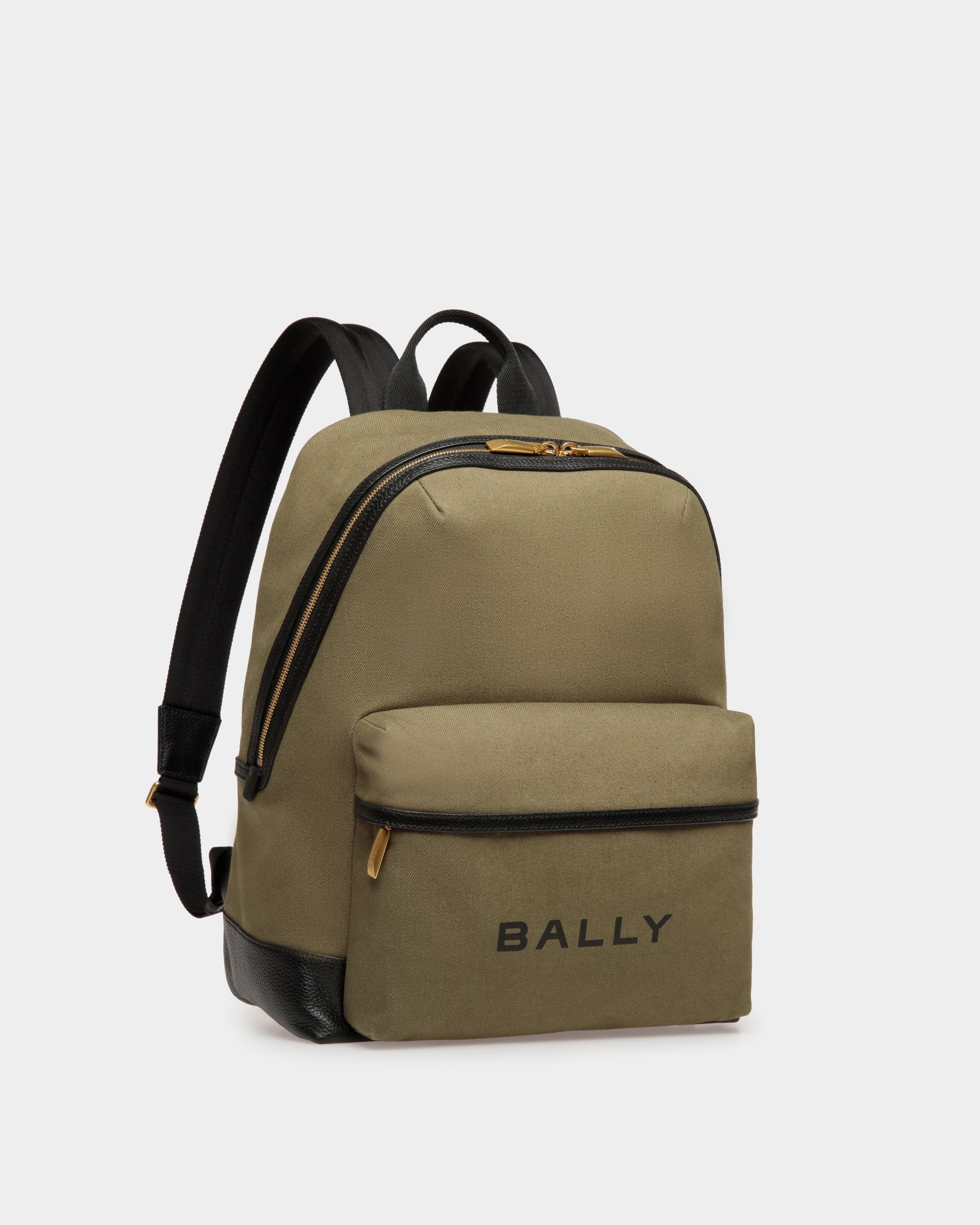 Bar | Men's Backpack in Green Canvas And Black Leather | Bally | Still Life 3/4 Front