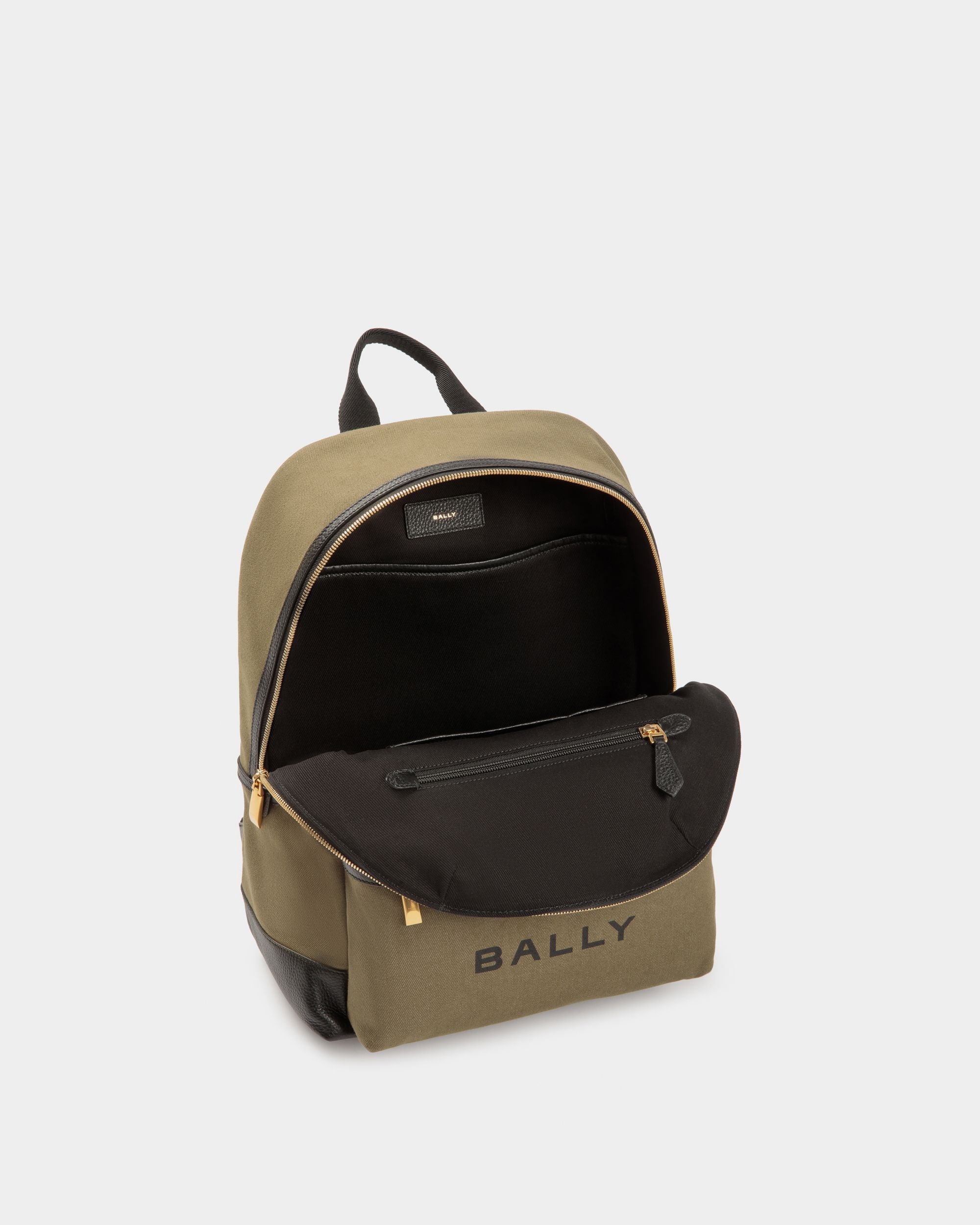 Bar | Men's Backpack in Green Canvas And Black Leather | Bally | Still Life Open / Inside