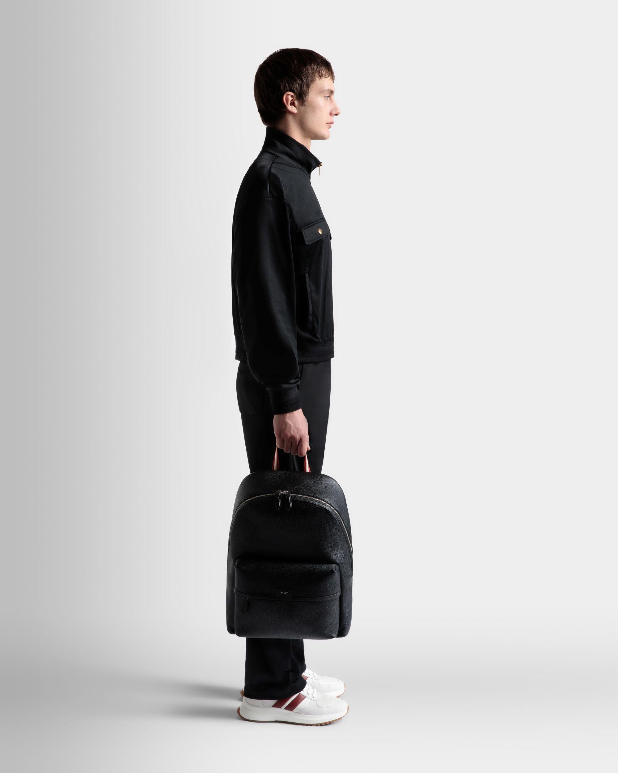 Code | Men's Backpack in Black Grained Leather | Bally | On Model Front