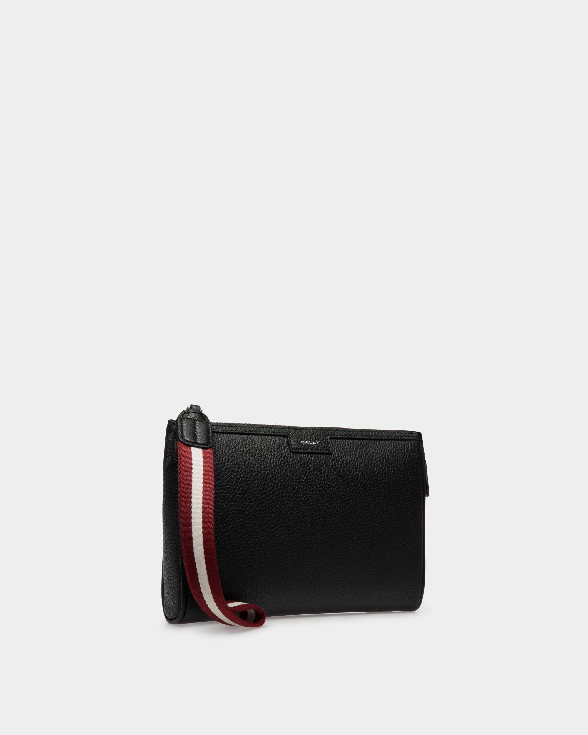 Code | Men's Pouch in Black Grained Leather | Bally | Still Life 3/4 Front