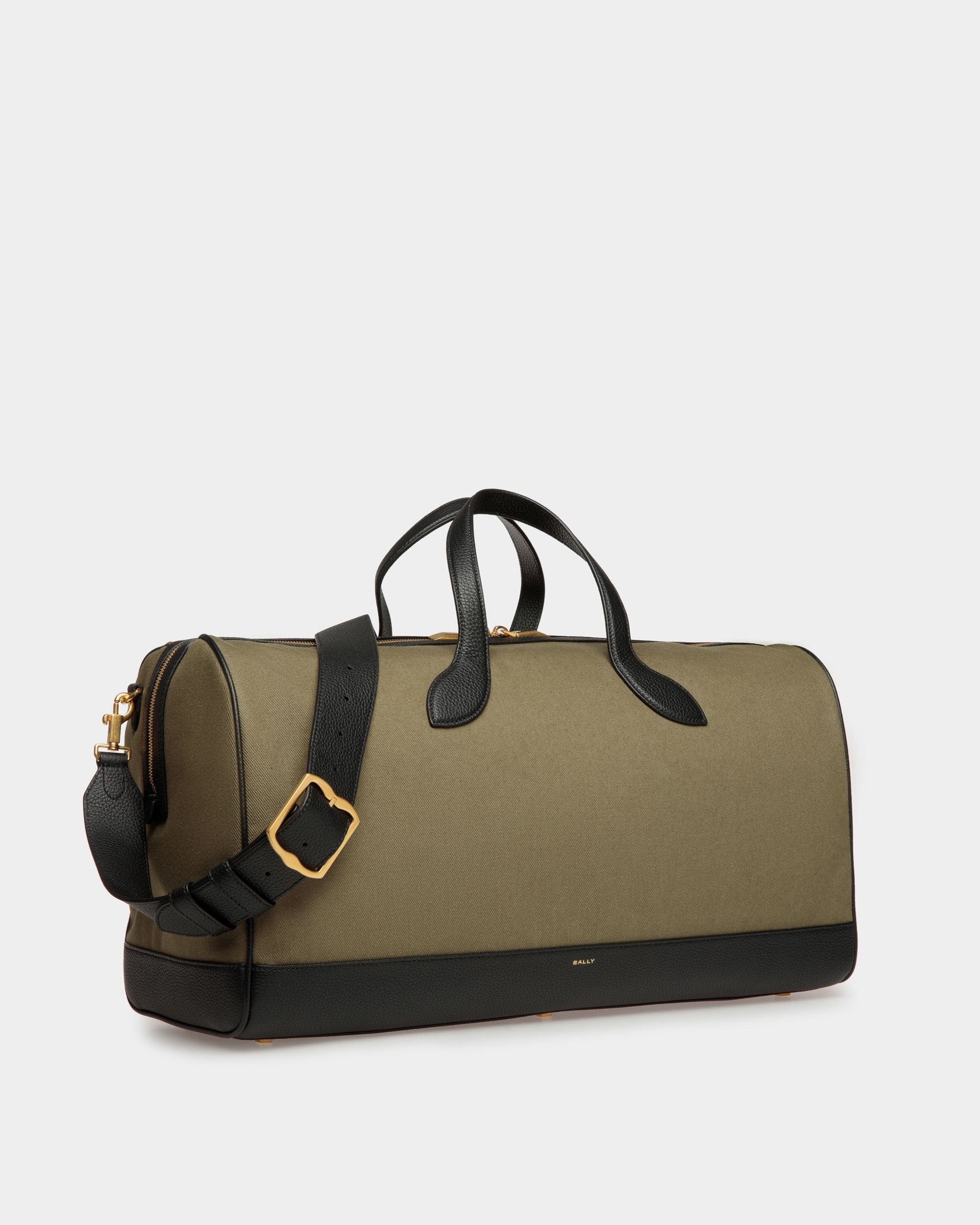 Bar | Men's Weekender in Green Canvas And Black Leather | Bally | Still Life 3/4 Front