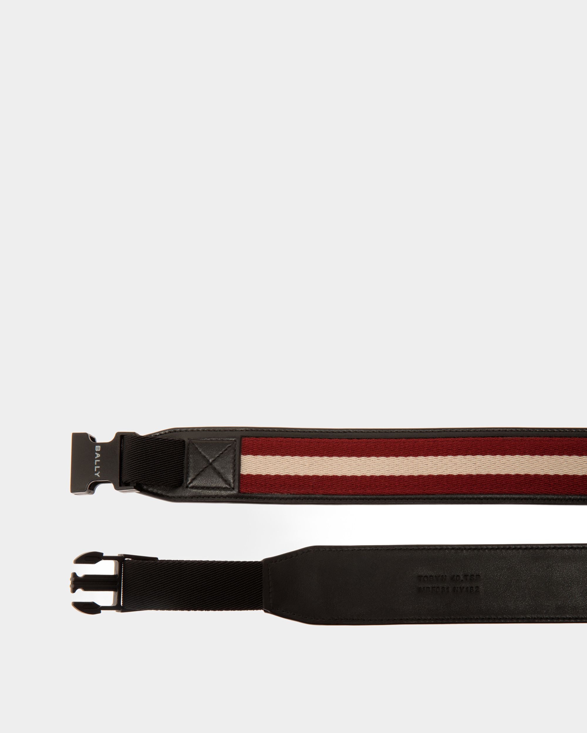 Tobyn 40mm | Men's Belt in Red, White and Black Fabric and Leather | Bally | Still Life Detail