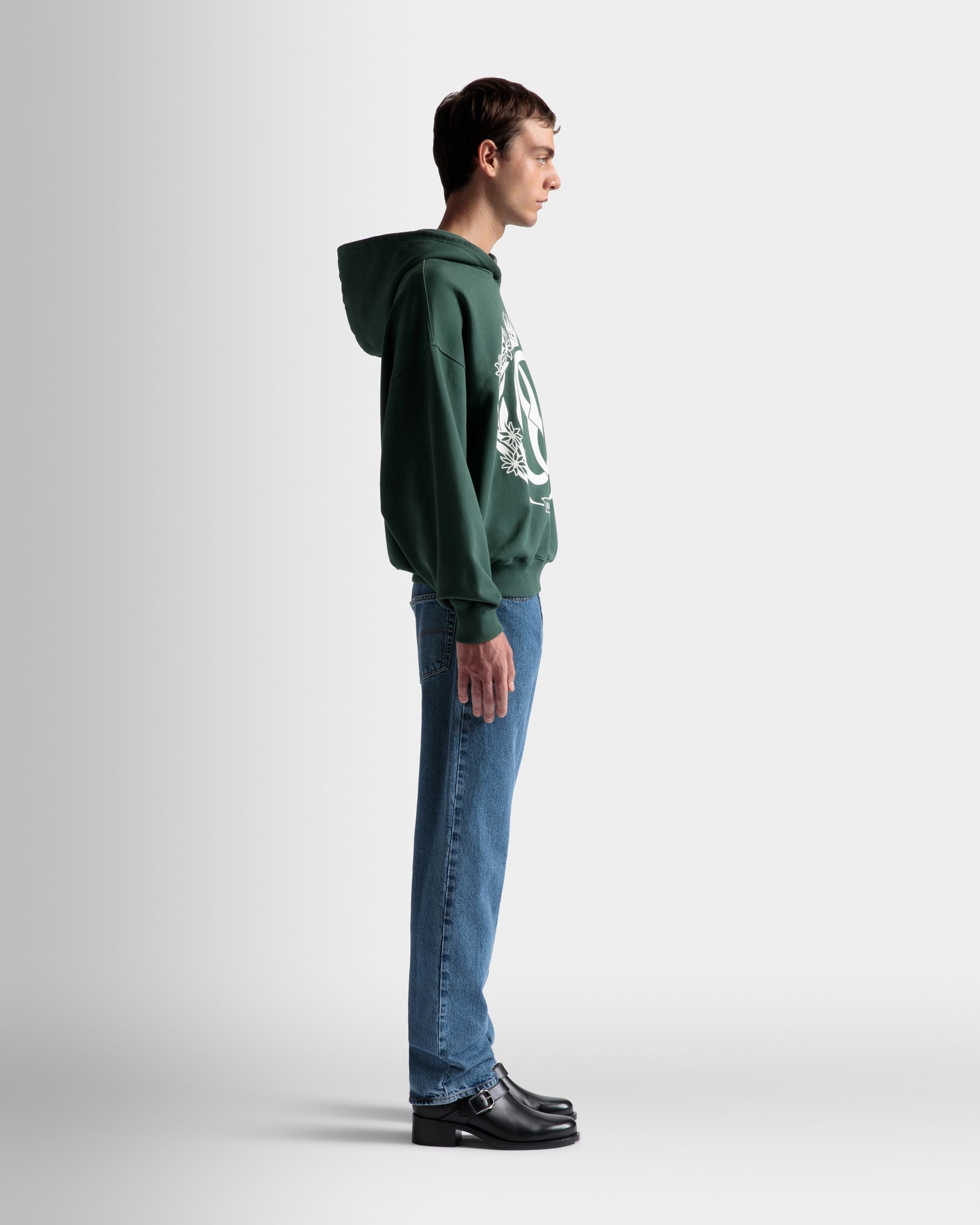 Foiled Hooded Sweatshirt | Men's Sweatshirt | Kelly Green Cotton | Bally | On Model 3/4 Front