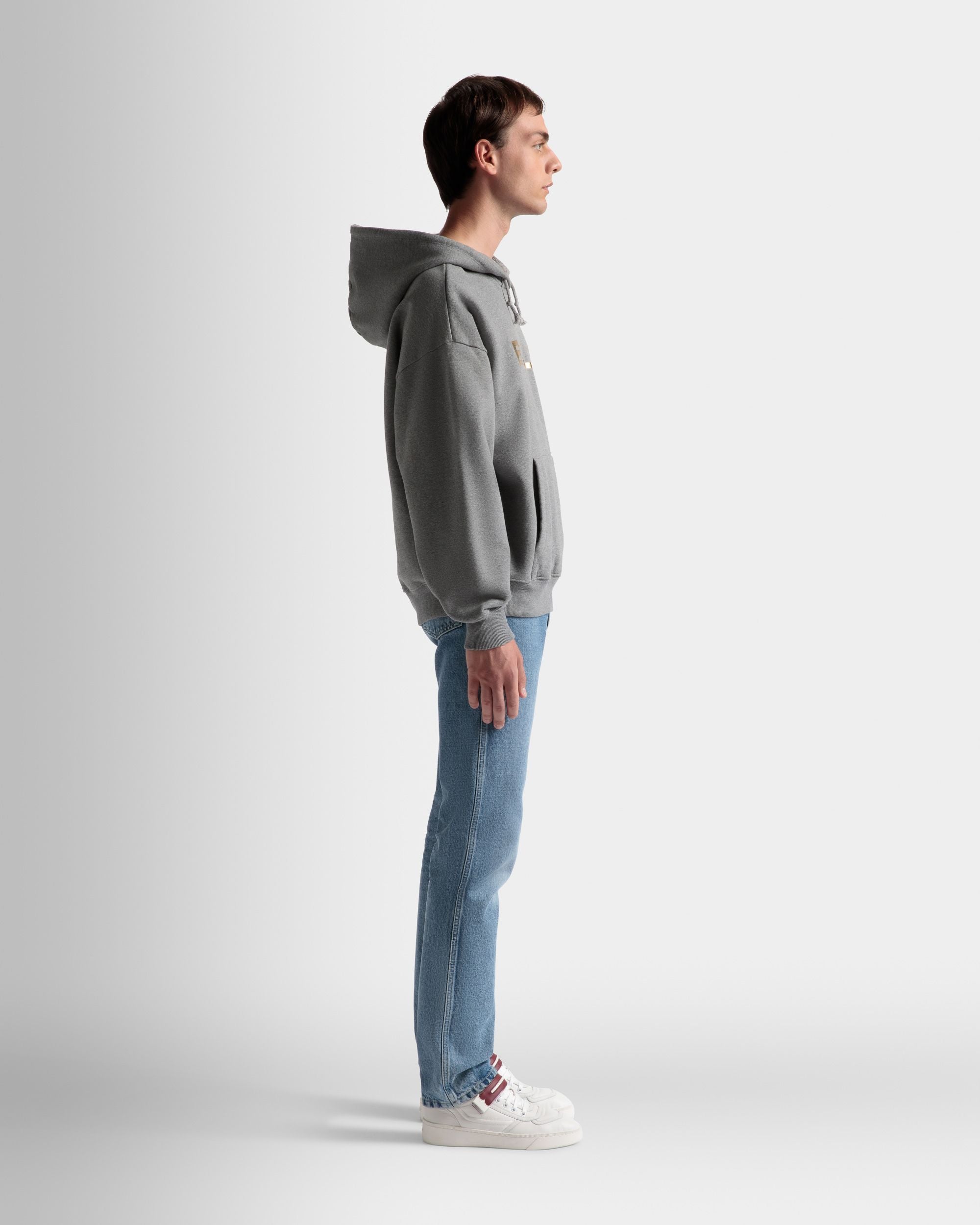 Logo Hooded Sweatshirt | Men's Sweatshirt | Grey Melange Cotton | Bally | On Model 3/4 Front