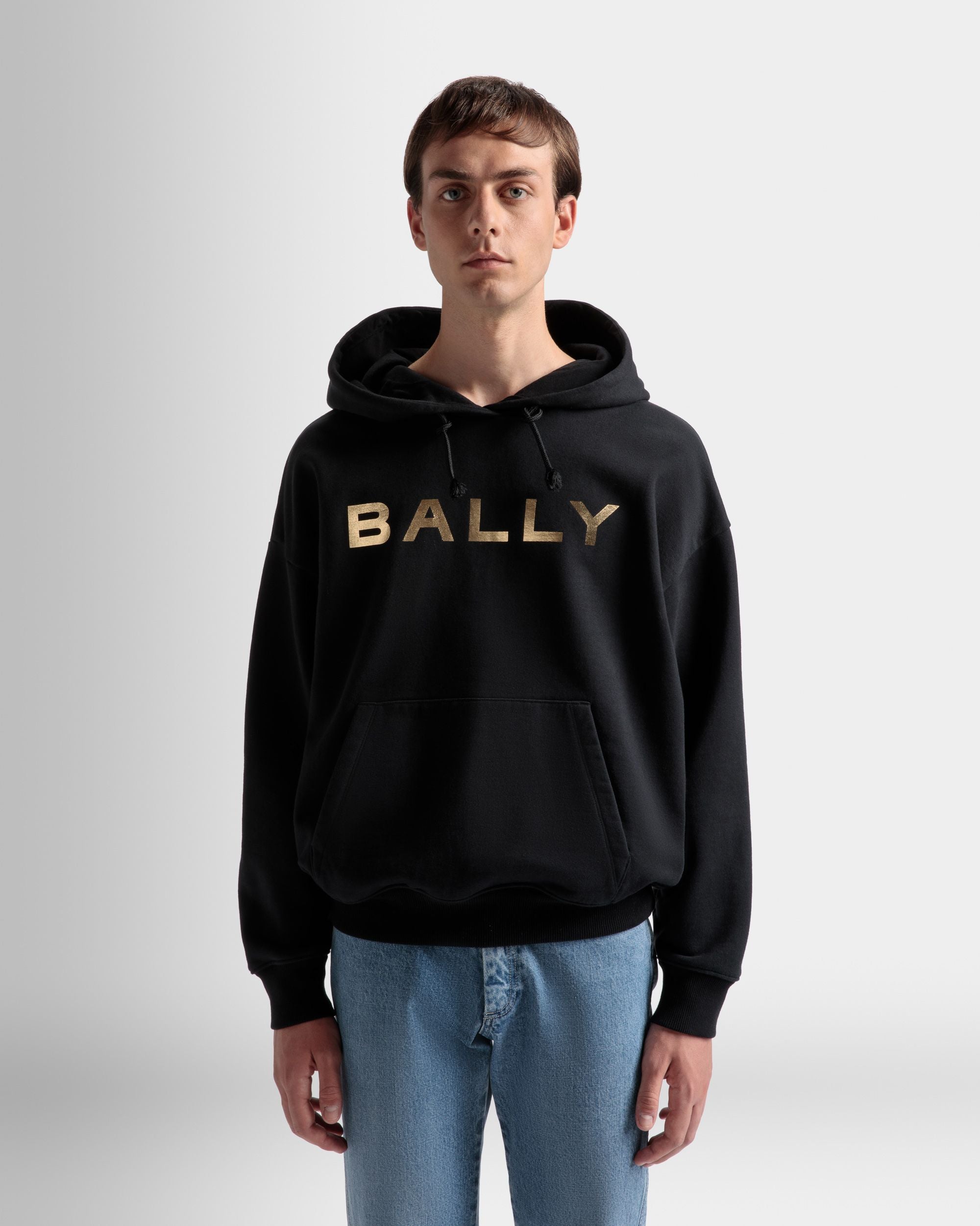 Logo Hooded Sweatshirt | Men's Sweatshirt | Black Cotton | Bally | On Model Close Up