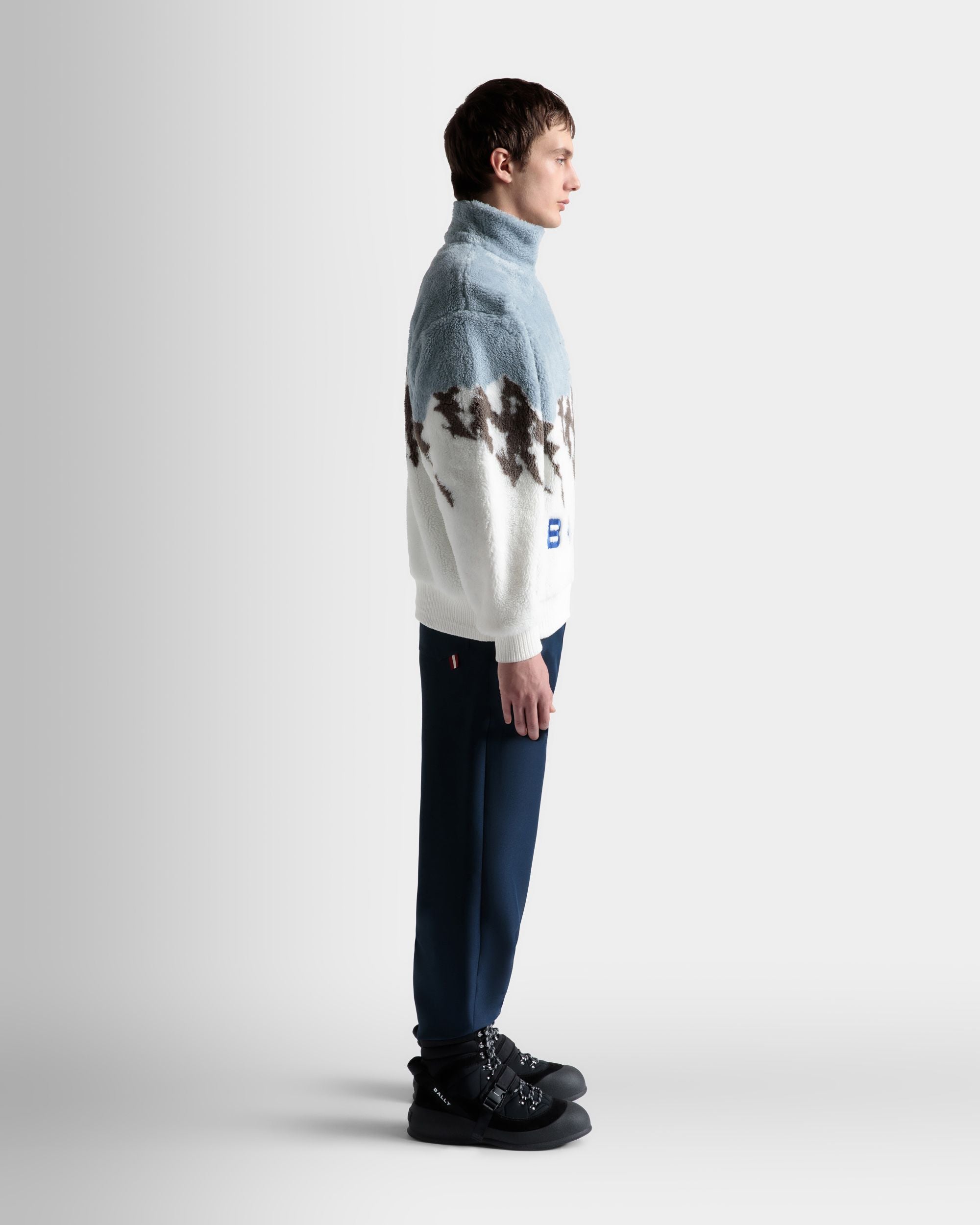 Men's Sweatshirt in Light Blue And White Sherpa Fleece| Bally | On Model 3/4 Front