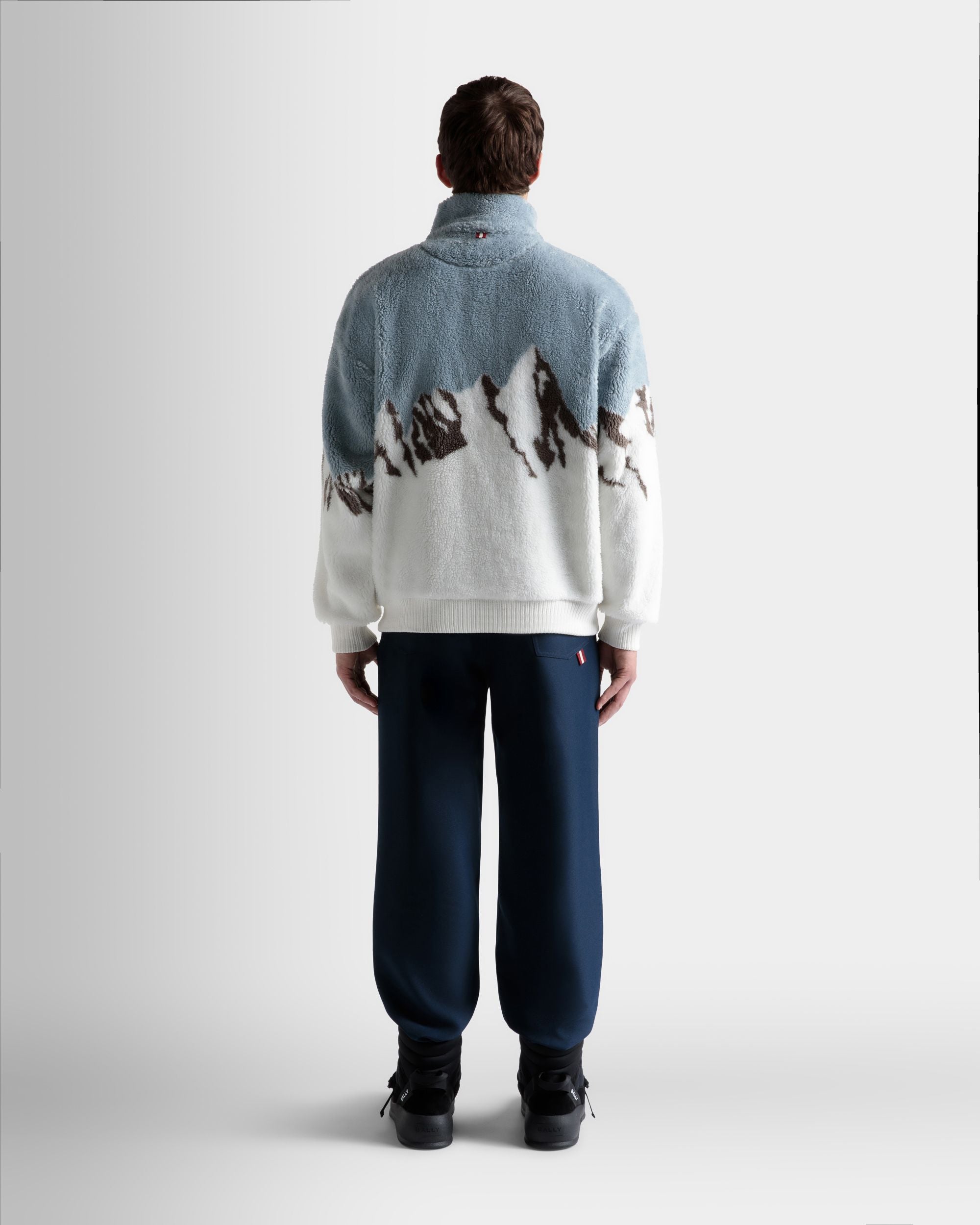 Men's Sweatshirt in Light Blue And White Sherpa Fleece| Bally | On Model Back