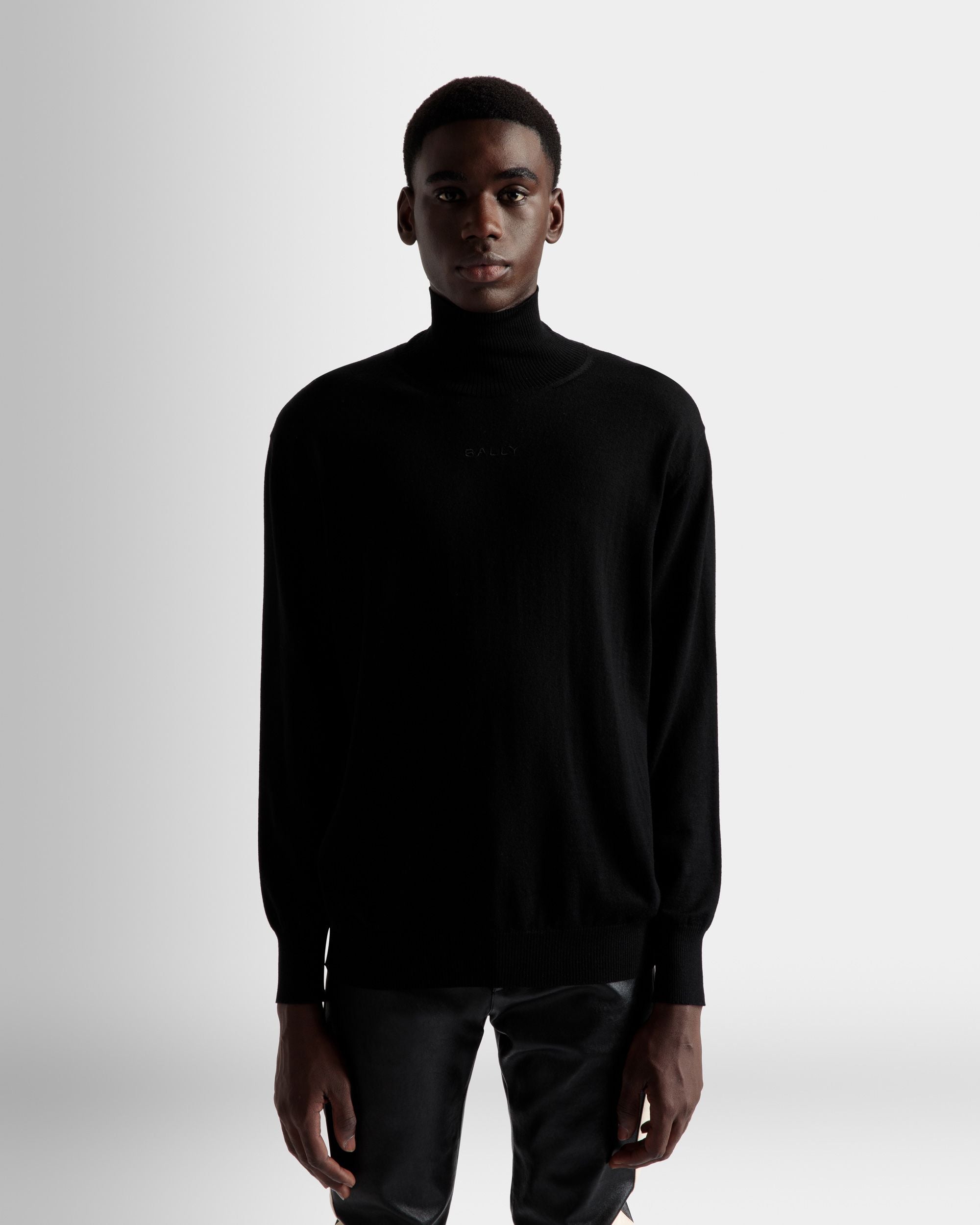 Roll Neck Sweater | Men's Roll Neck | Black Wool | Bally | On Model Close Up