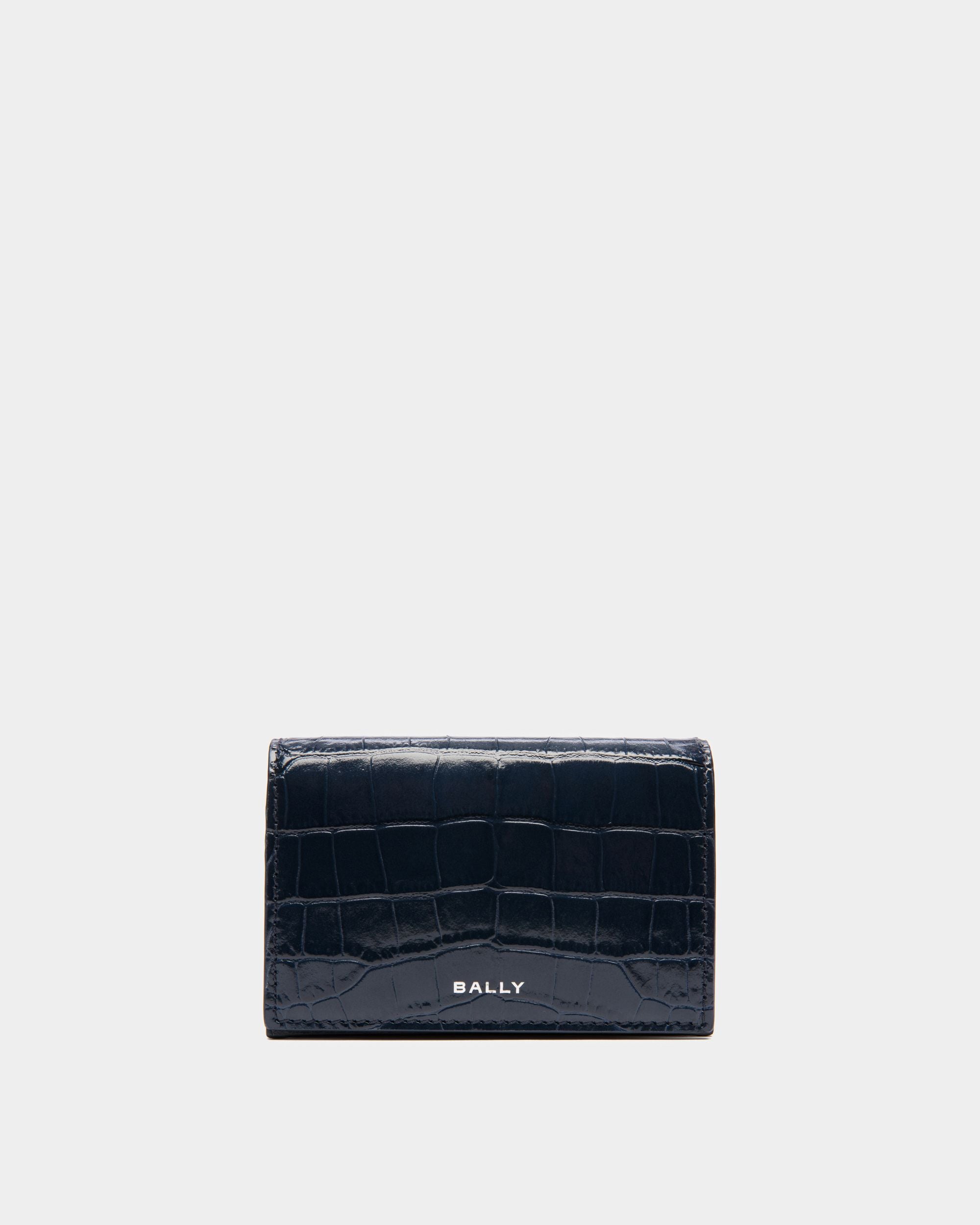 Busy Bally | Men's Business Card Case in Blue Crocodile Print Leather | Bally | Still Life Front