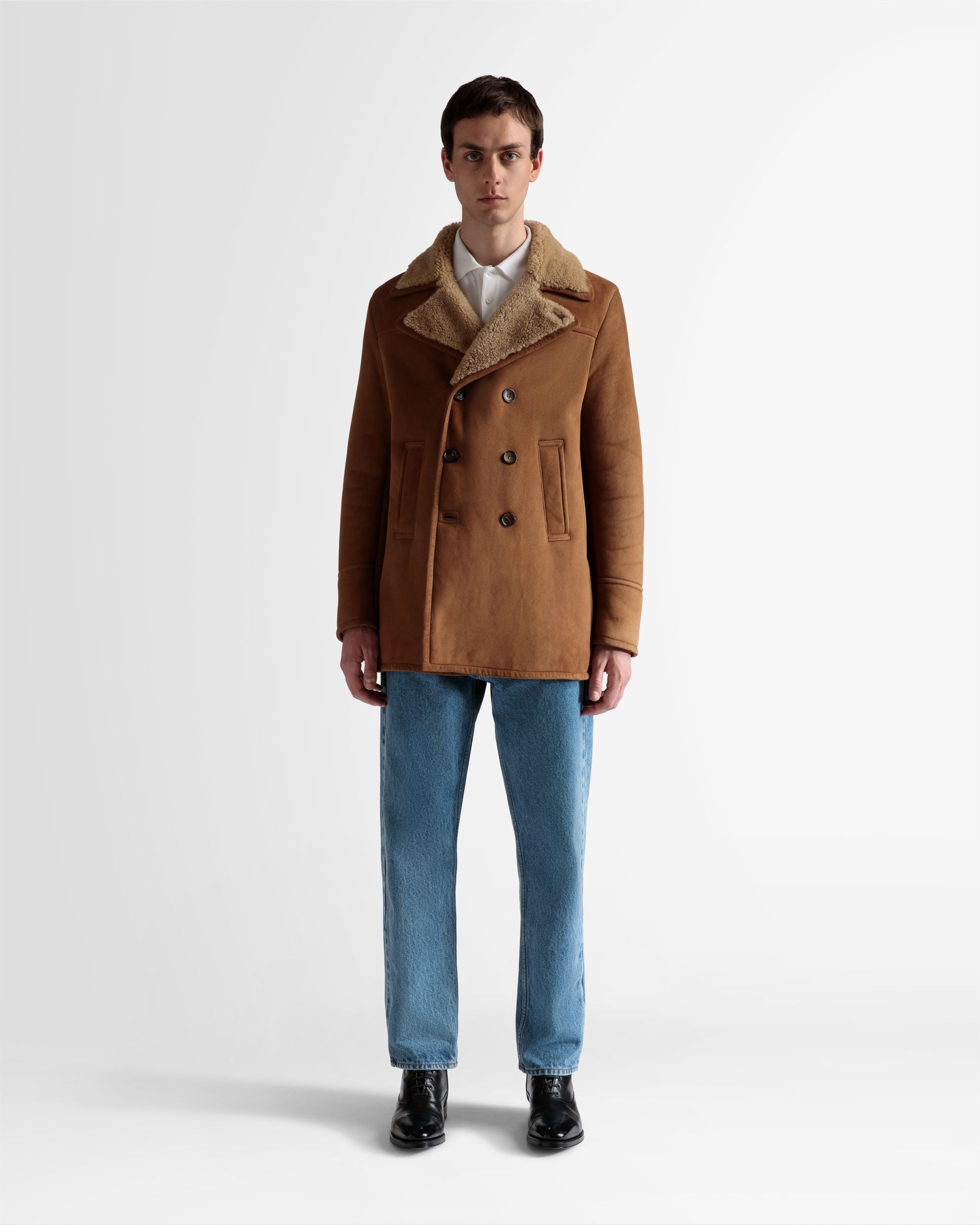 Double Breasted Shearling Coat | Men's Outerwear | Brown Suede | Bally | On Model Front