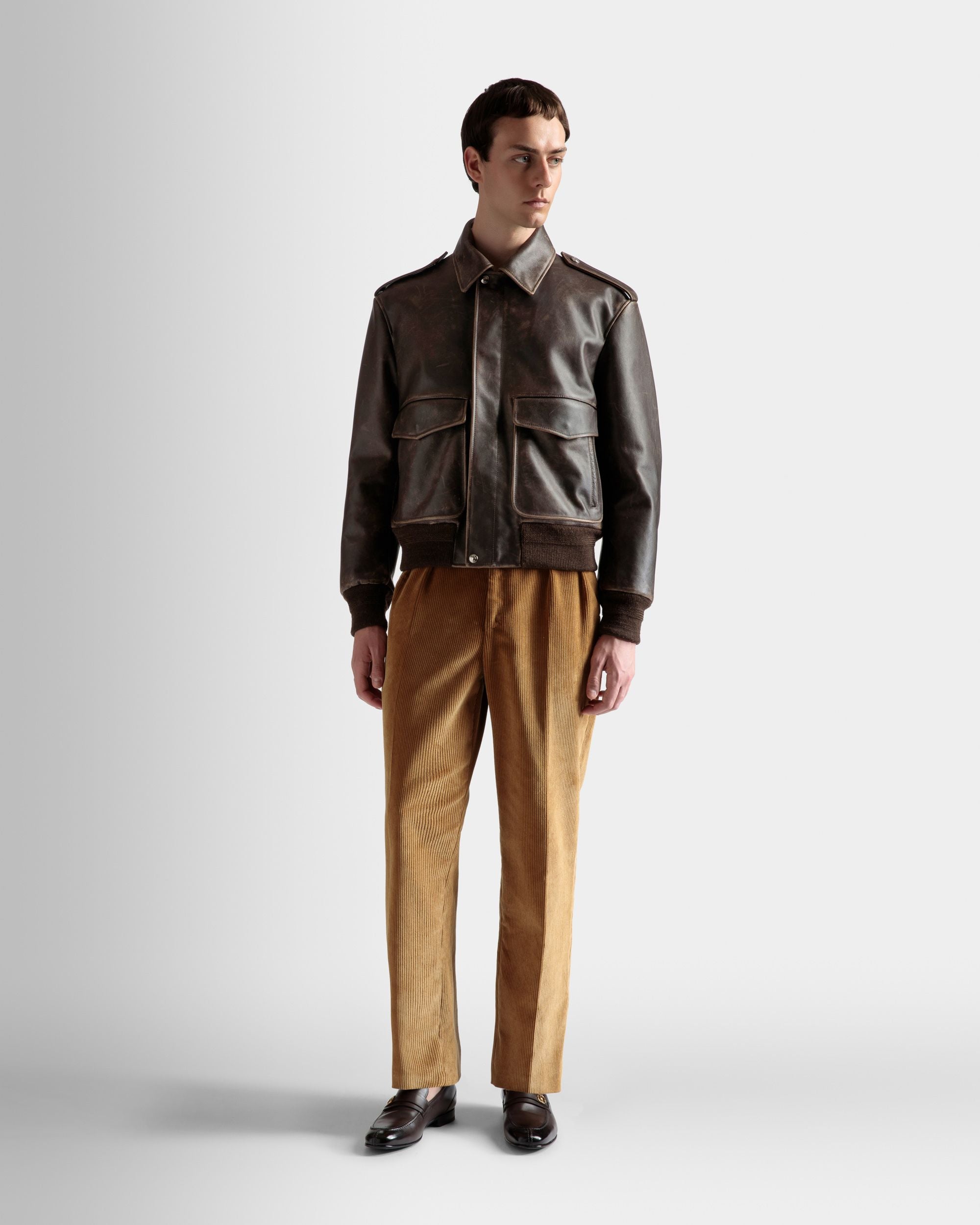 Bomber Jacket | Men's Jacket | Brown Leather | Bally | On Model Front