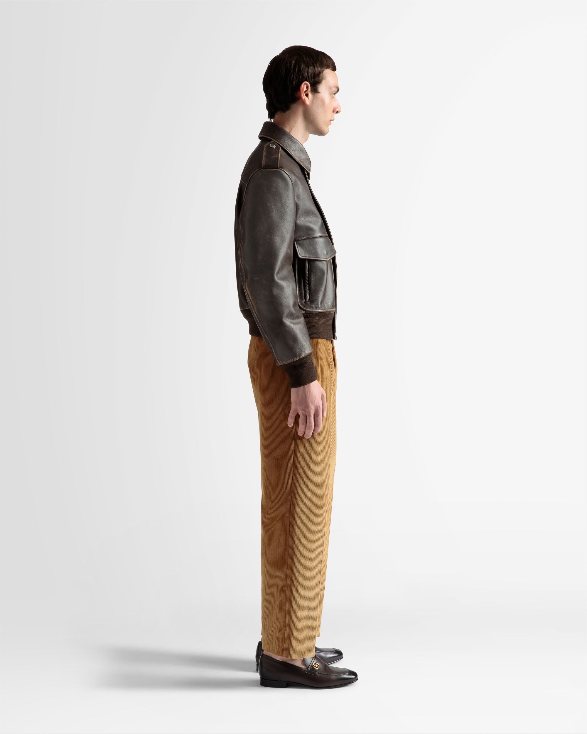 Bomber Jacket | Men's Jacket | Brown Leather | Bally | On Model 3/4 Front