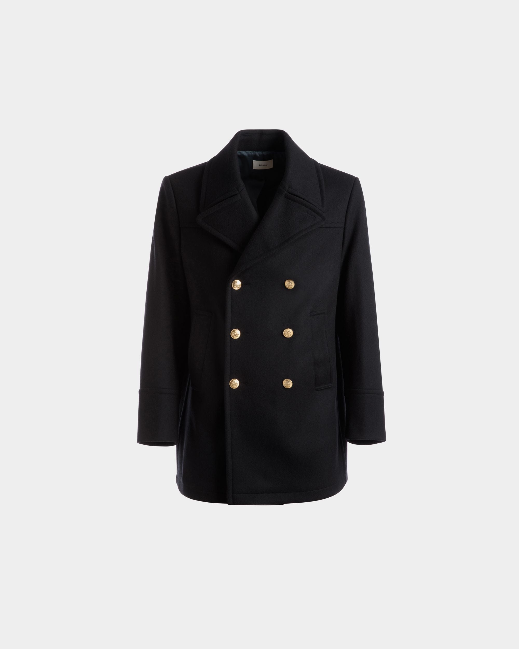 Men's Double Breasted Coat In Navy Wool Mix | Bally | Still Life Front