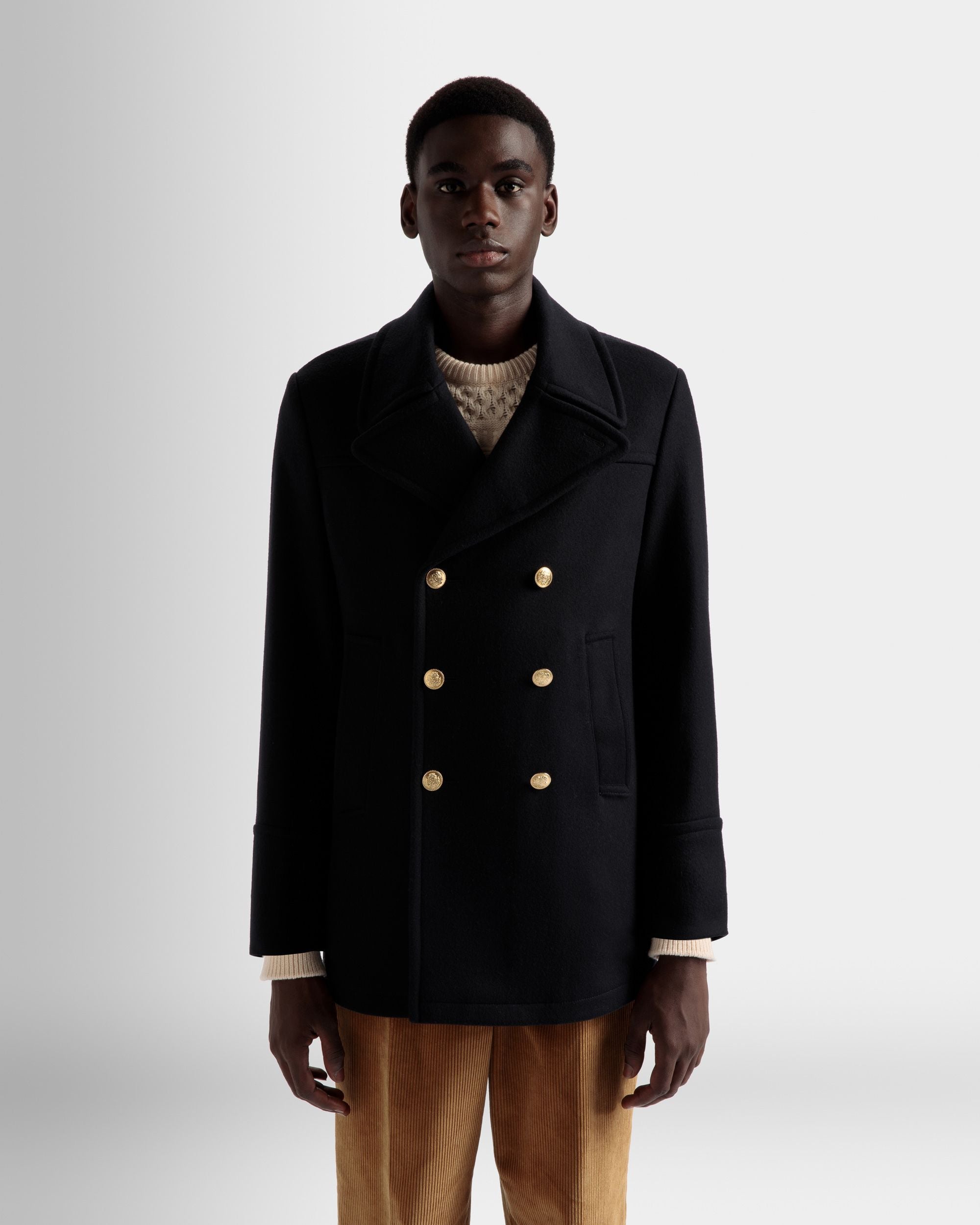 Double Breasted Coat | Men's Outerwear | Navy Wool Mix | Bally | On Model Close Up