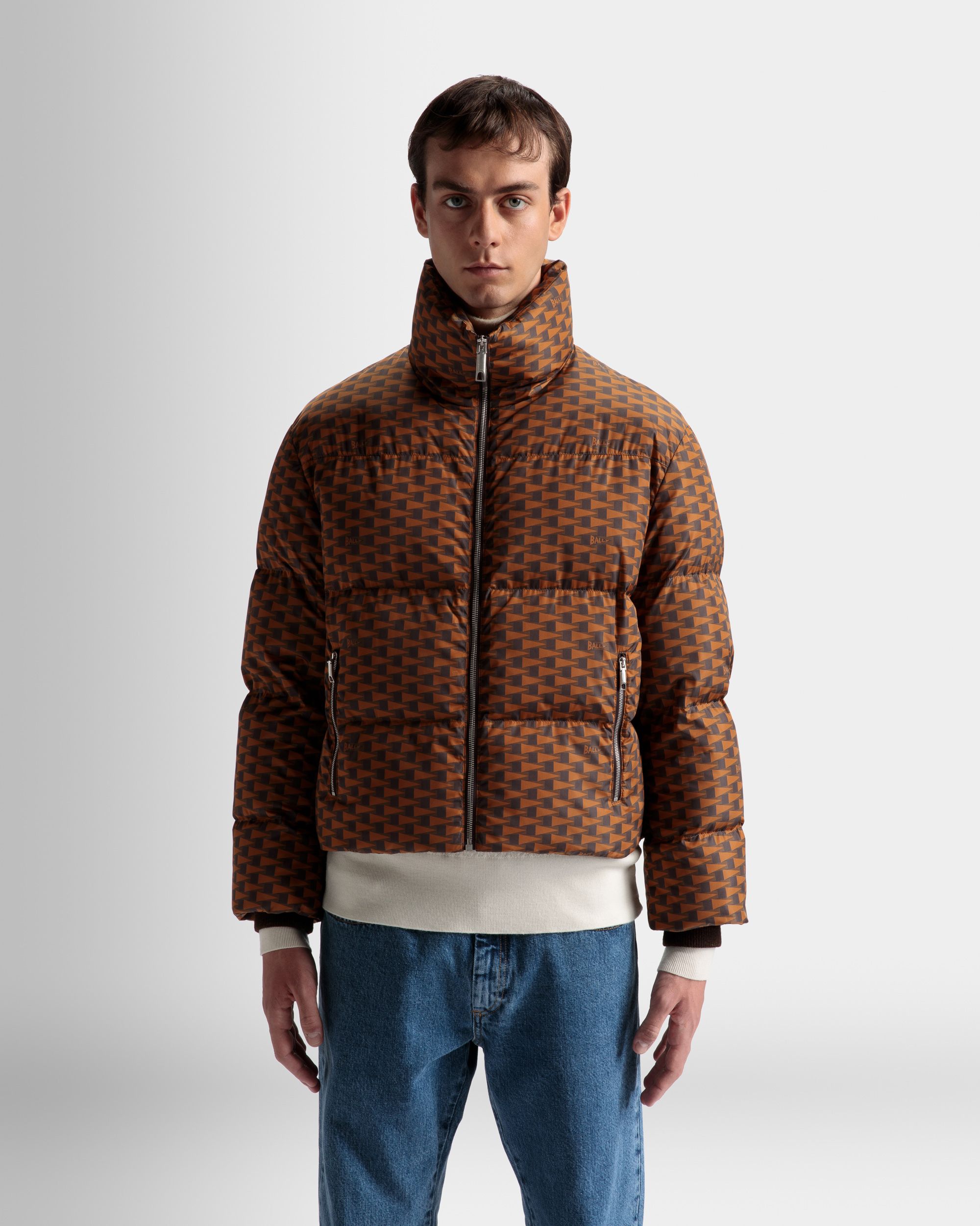 Puffer Jacket | Men's Outerwear | Brown Nylon | Bally | On Model Close Up