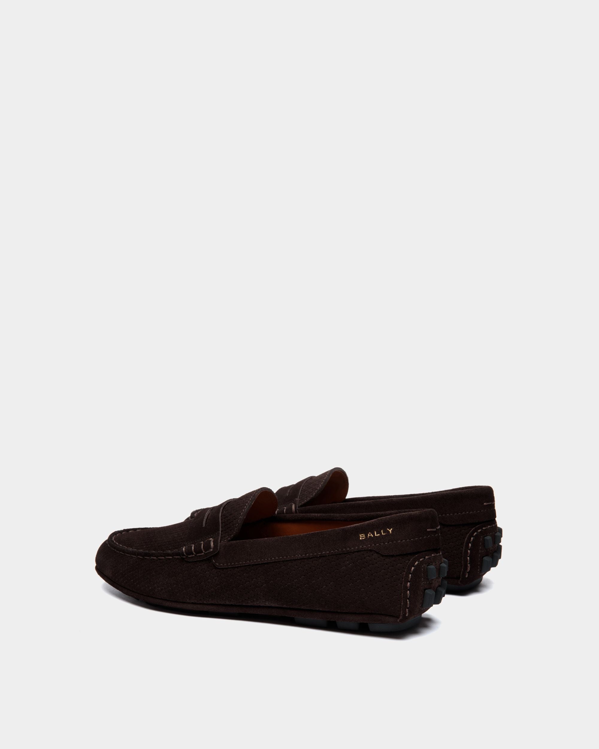 Kerbs | Men's Driver in Brown Embossed Suede| Bally | Still Life 3/4 Back