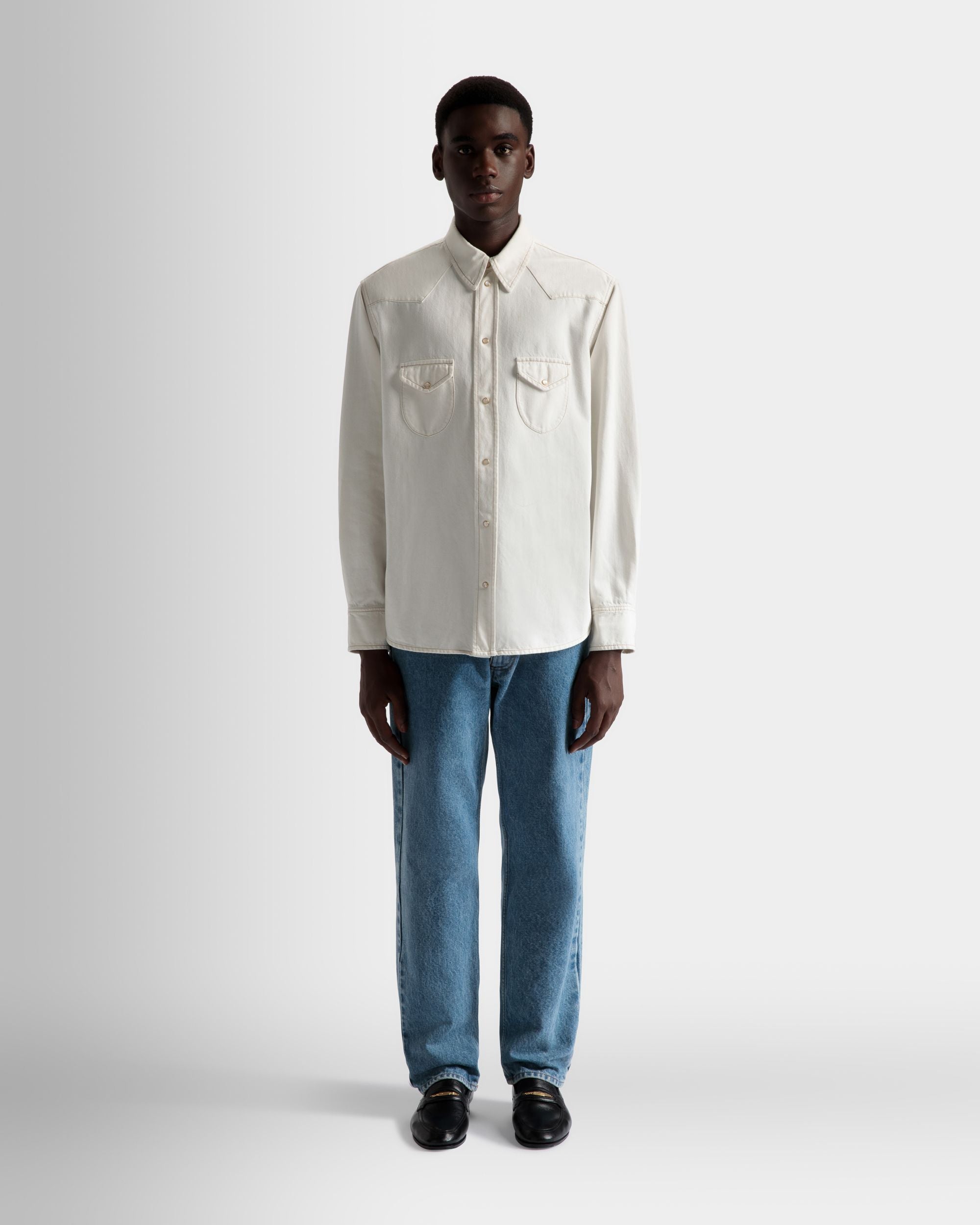 Bleached Denim Shirt | Men's Shirt | Bone Cotton | Bally | On Model Front