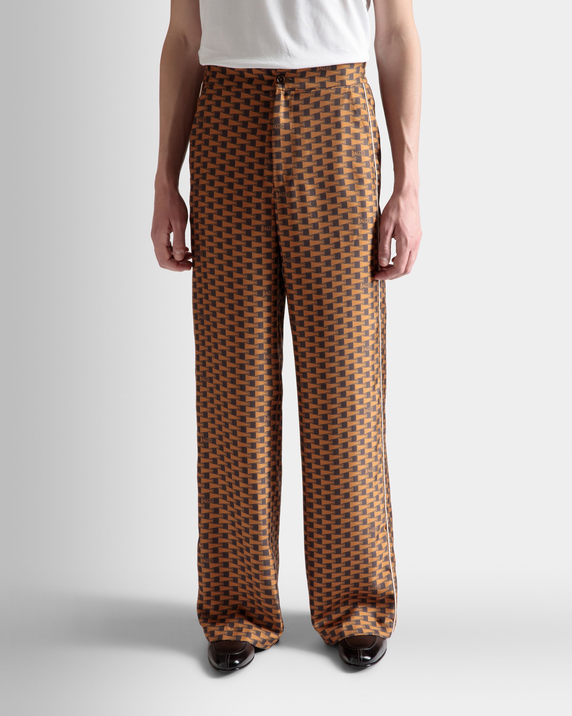Pennant Print Pants | Men's Pants | Brown Silk | Bally | On Model Close Up