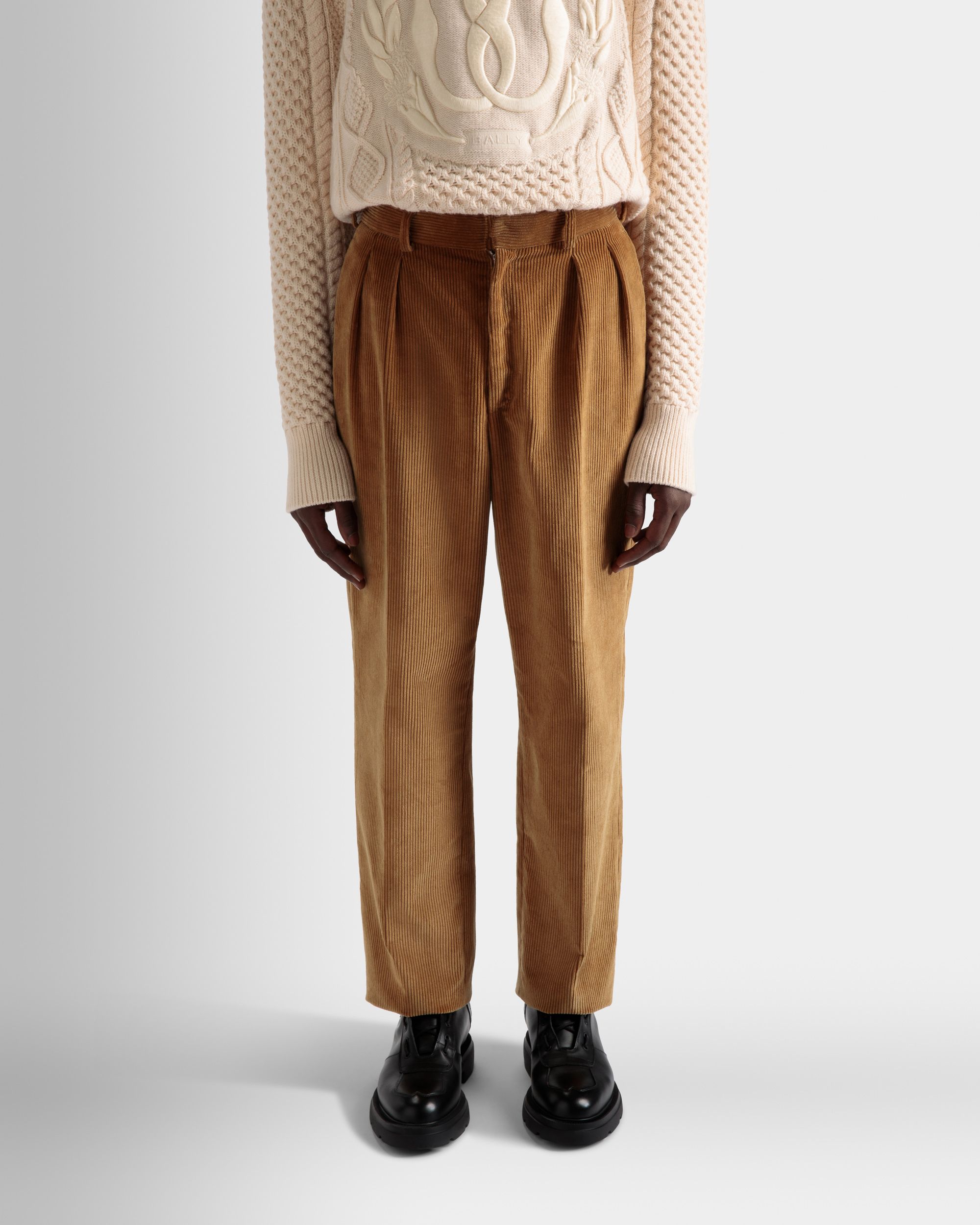 Corduroy Tailored Pants | Men's Pants | Camel Cotton | Bally | On Model Close Up