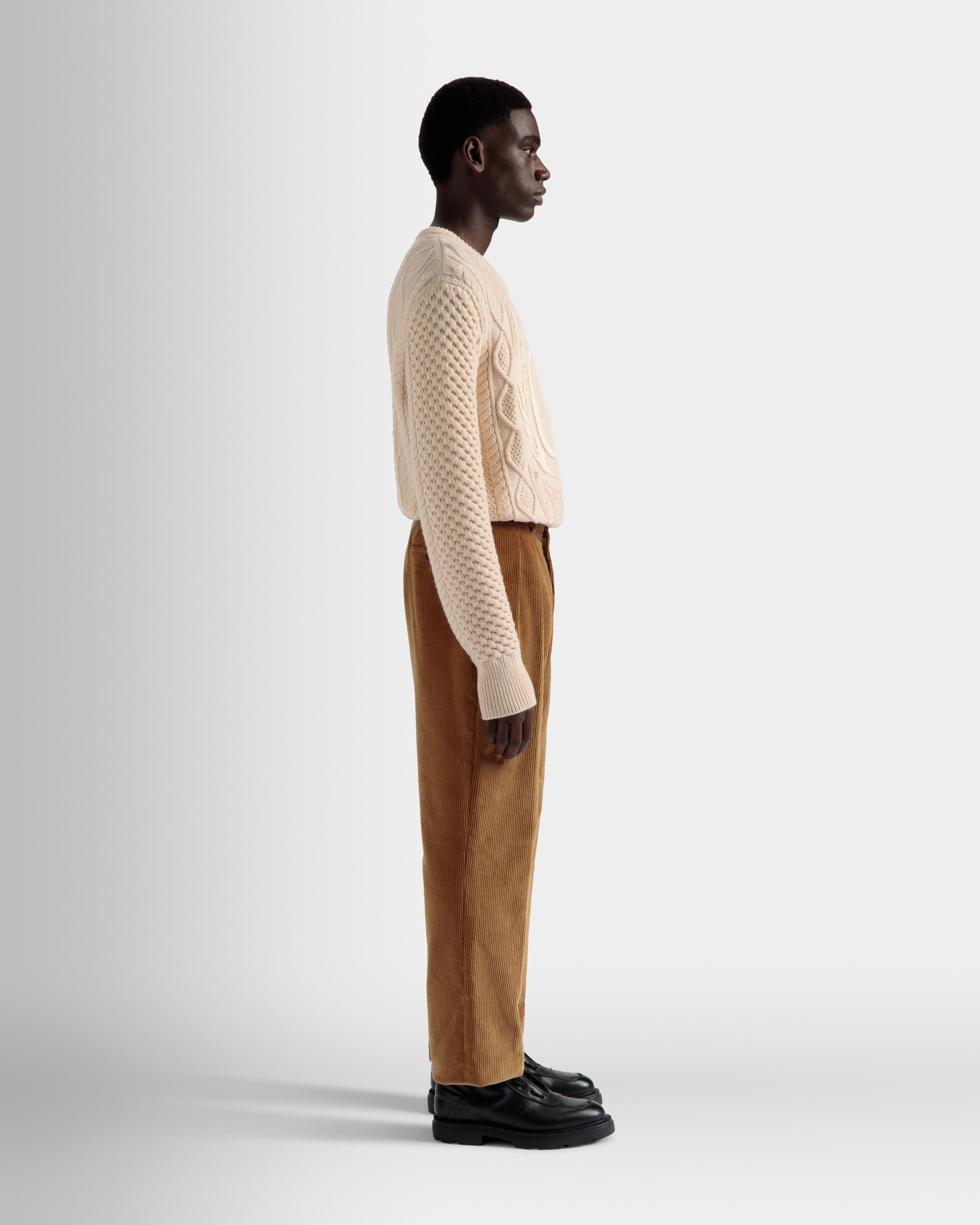 Corduroy Tailored Pants | Men's Pants | Camel Cotton | Bally | On Model 3/4 Front