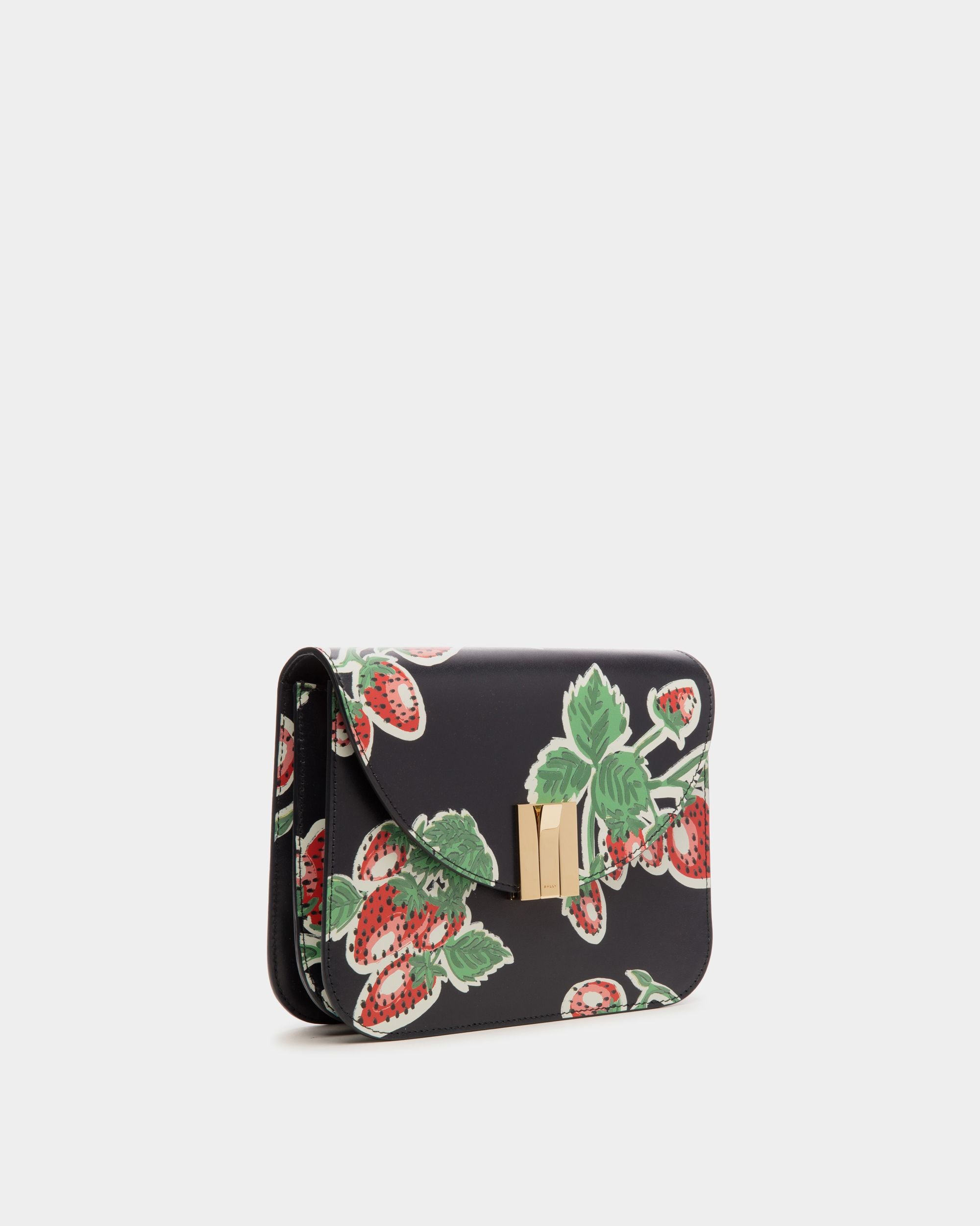 Ollam | Women's Crossbody Bag in Strawberry Print Leather | Bally | Still Life 3/4 Front
