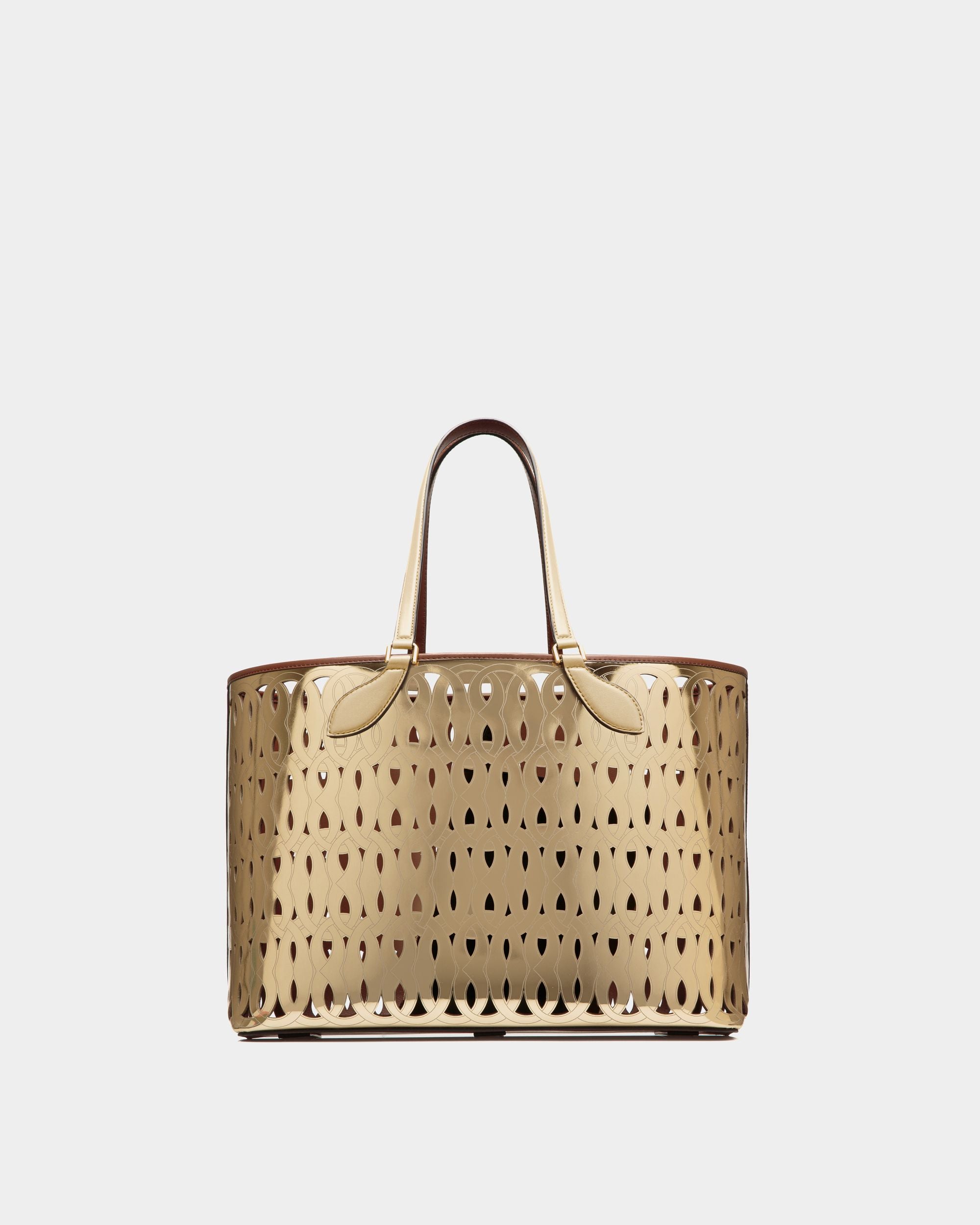 Lago | Women's Tote Bag in Gold Patent Leather | Bally | Still Life Front
