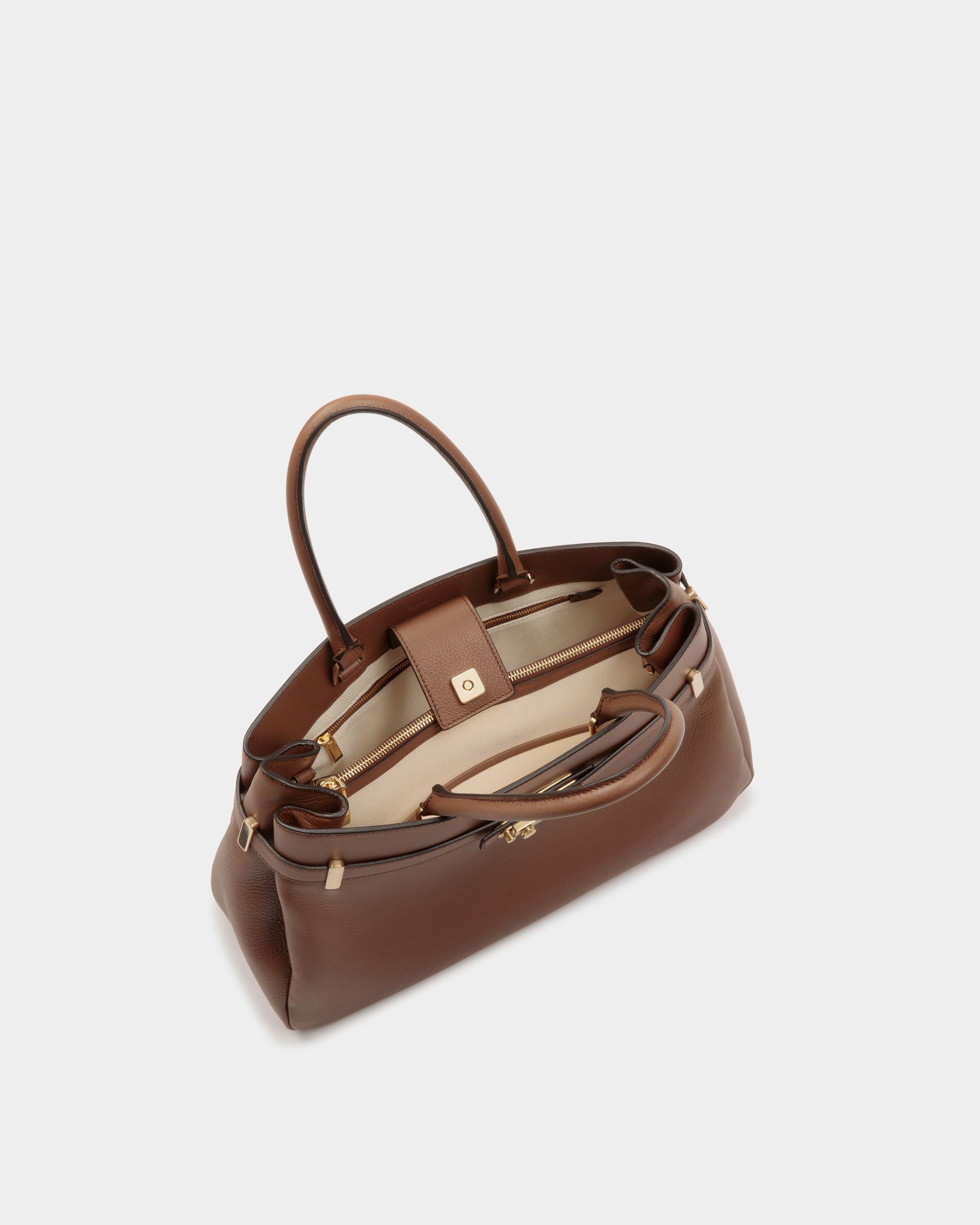 Carriage | Women's Tote Bag in Brown Leather | Bally | Still Life Open / Inside