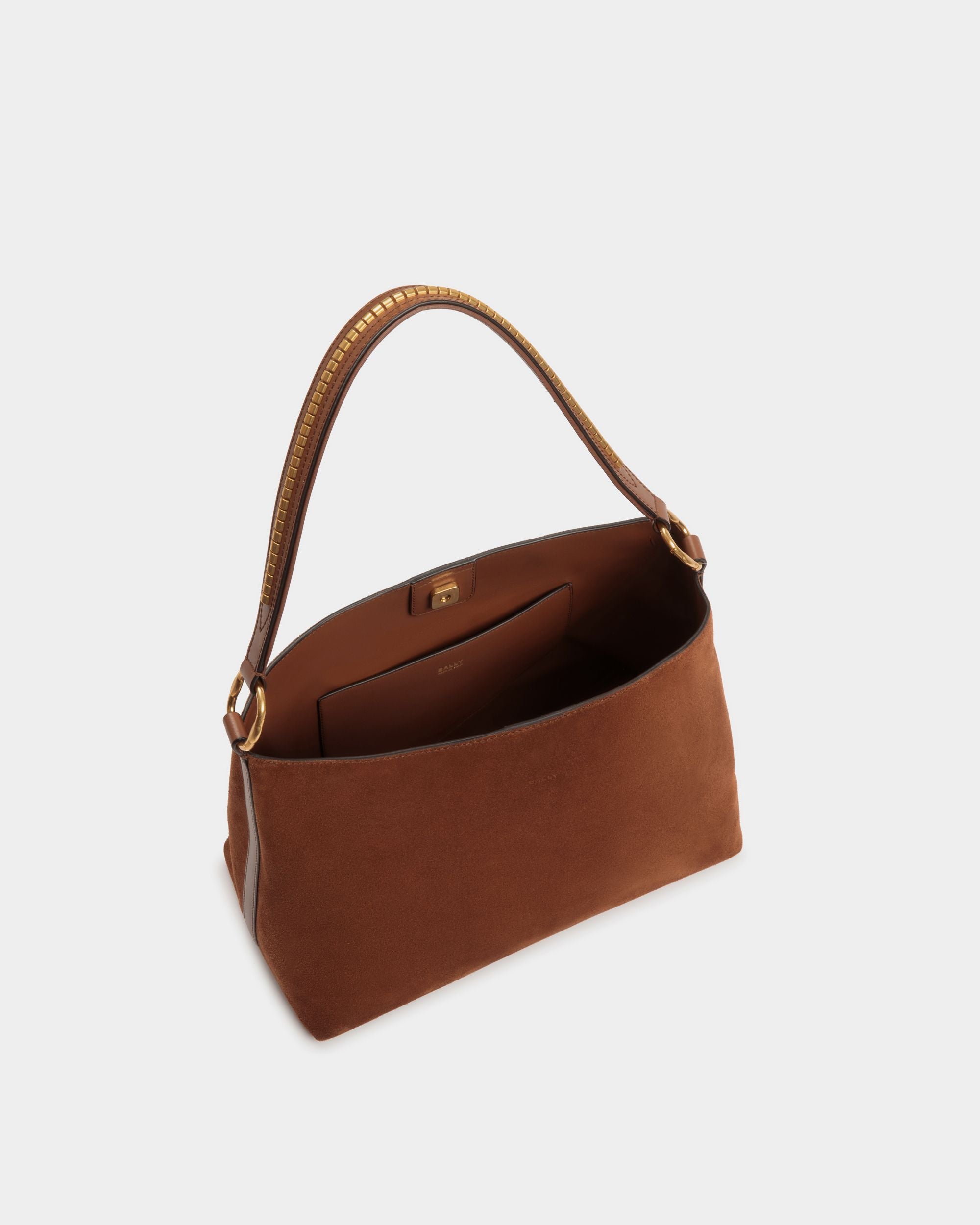 Arkle | Women's Hobo Bag in Brown Suede | Bally | Still Life Open / Inside